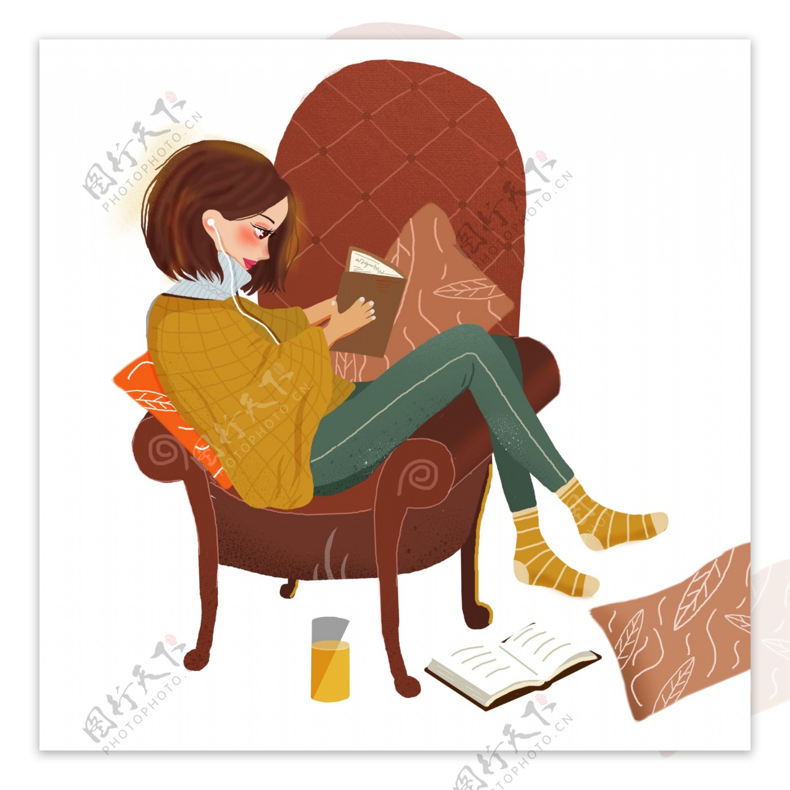复古手绘坐在沙发上看书的宅女