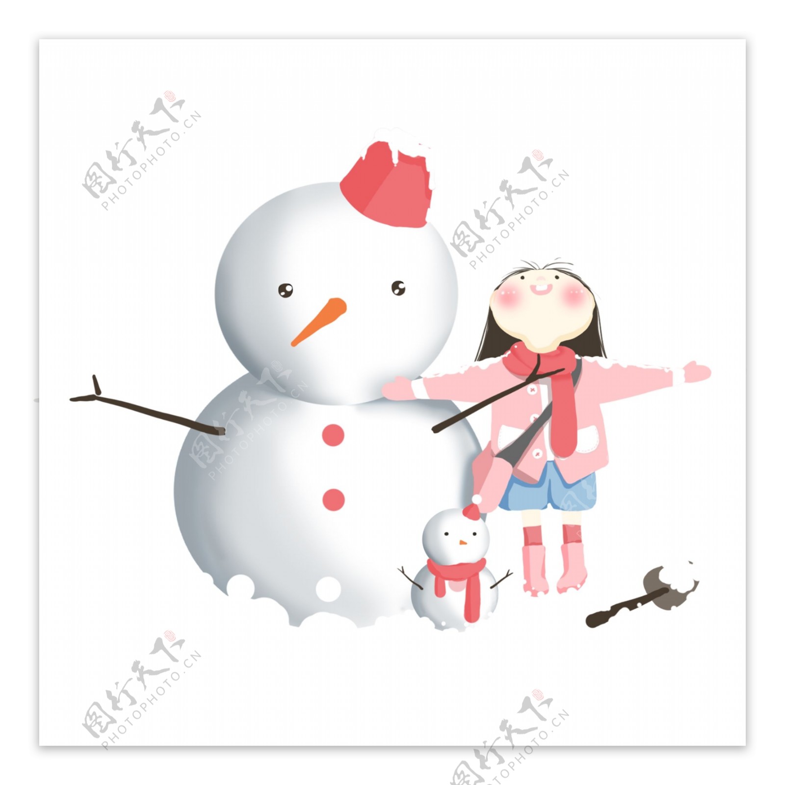 手绘卡通可爱女孩堆雪人装饰素材