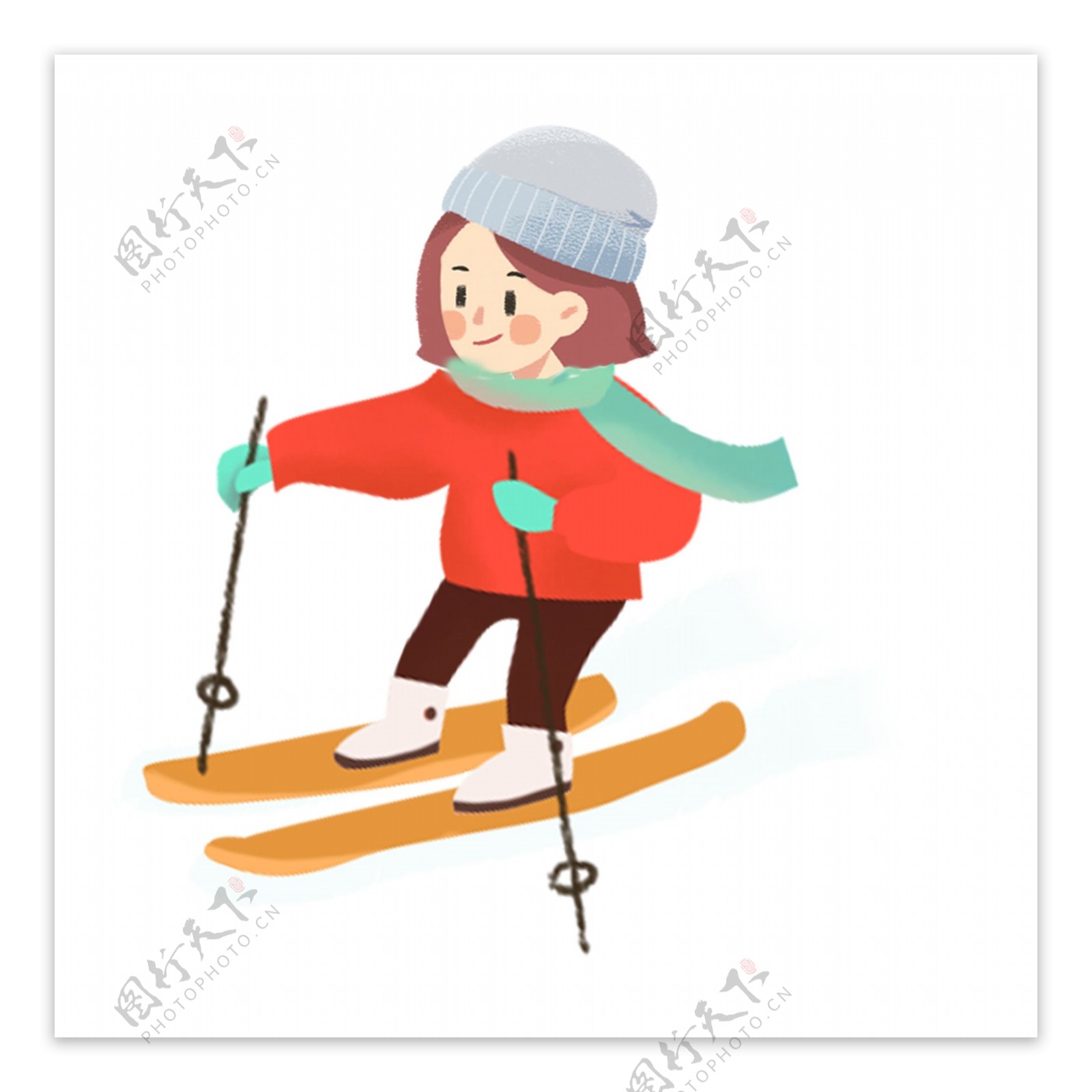 手绘可爱女孩滑雪免抠元素