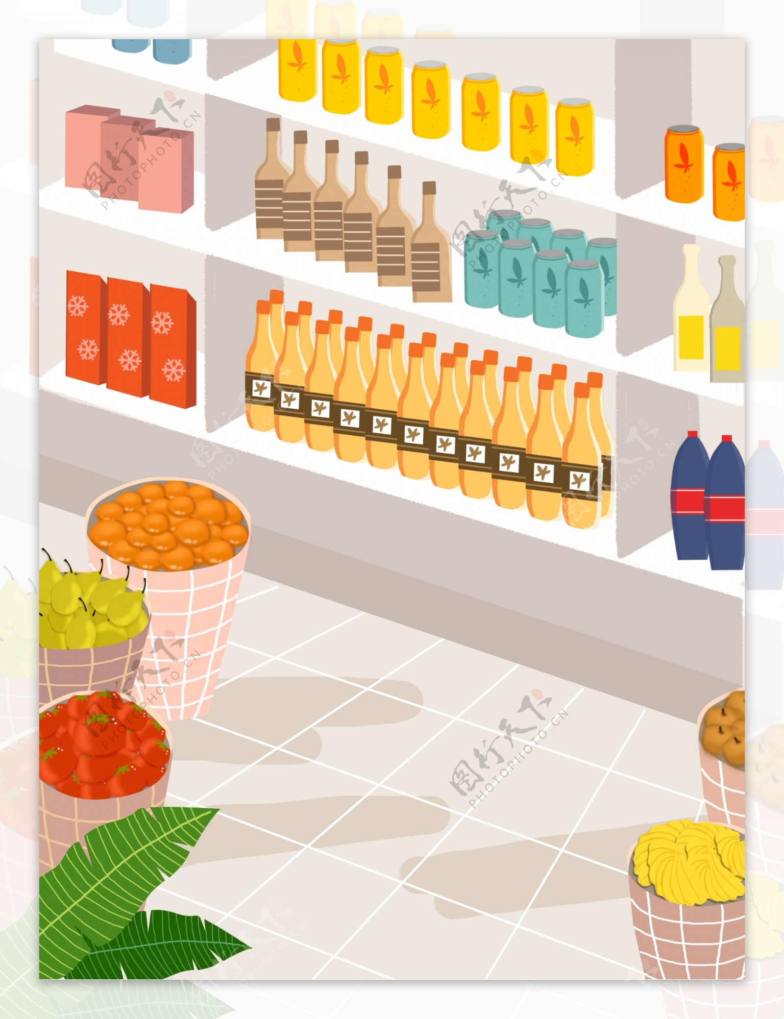 超市水果饮料货架货品背景设计