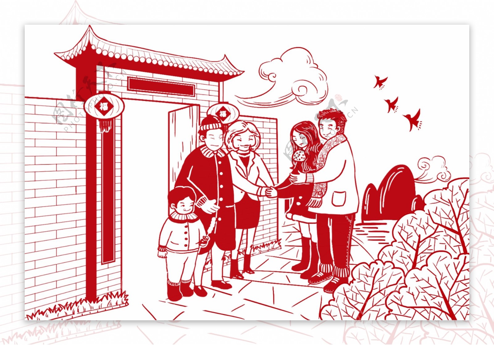 简洁中国传统红色剪纸窗花过年