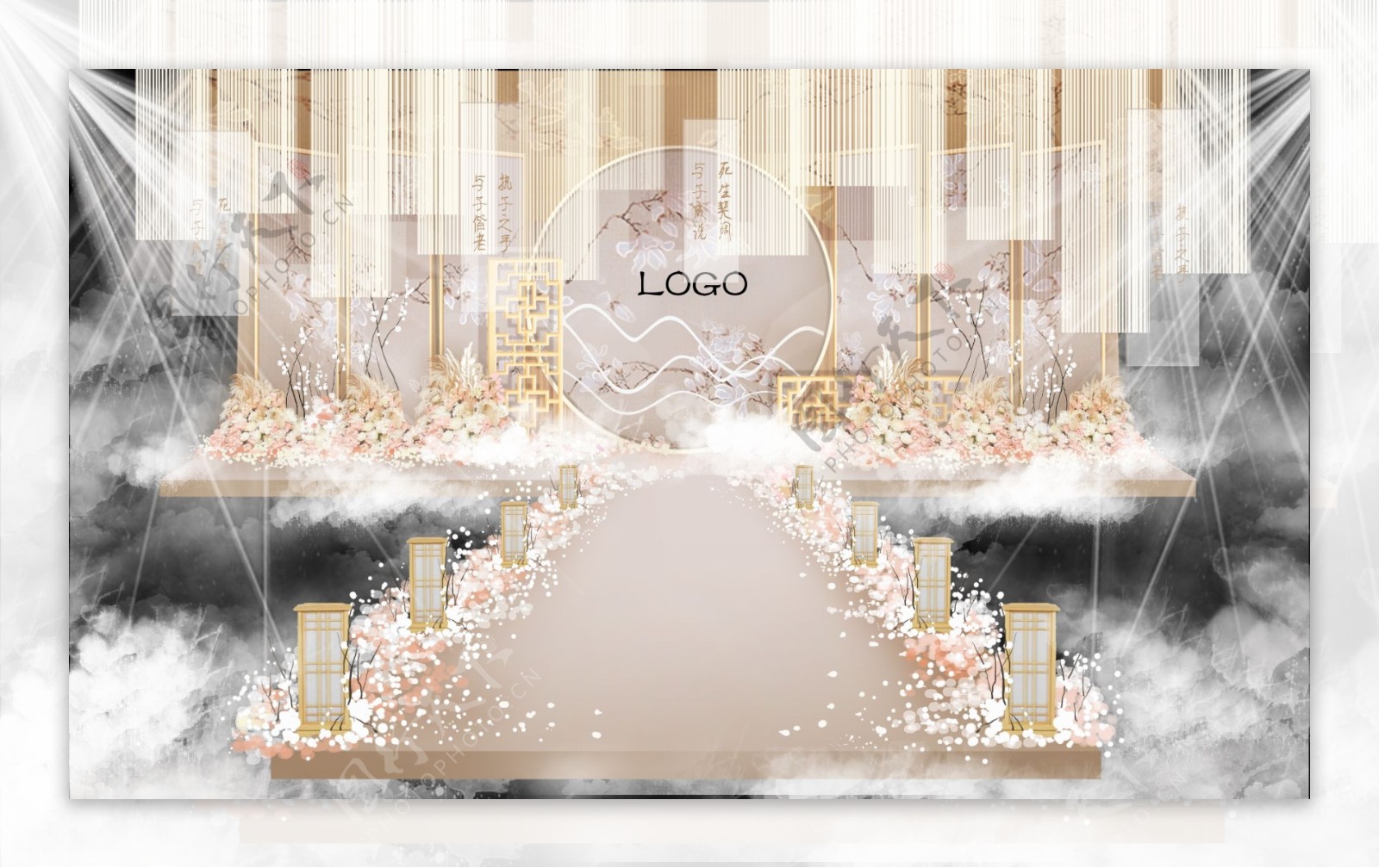 香槟色新中式婚礼舞台背景设计
