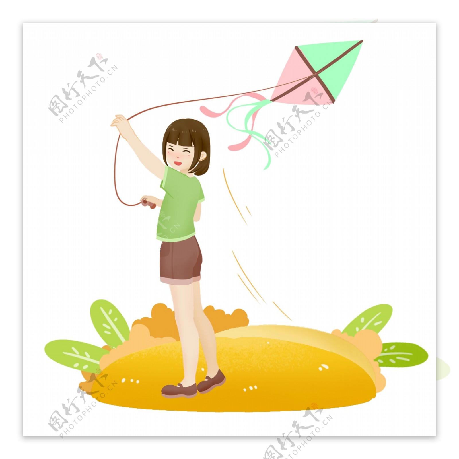 小女孩草地放风筝卡通人物元素