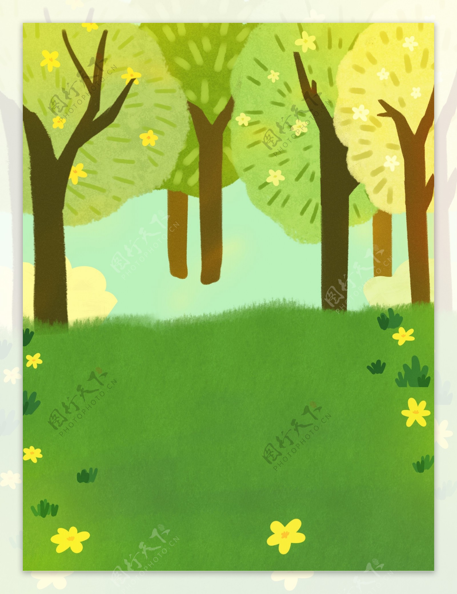 手绘春季草地树林背景设计