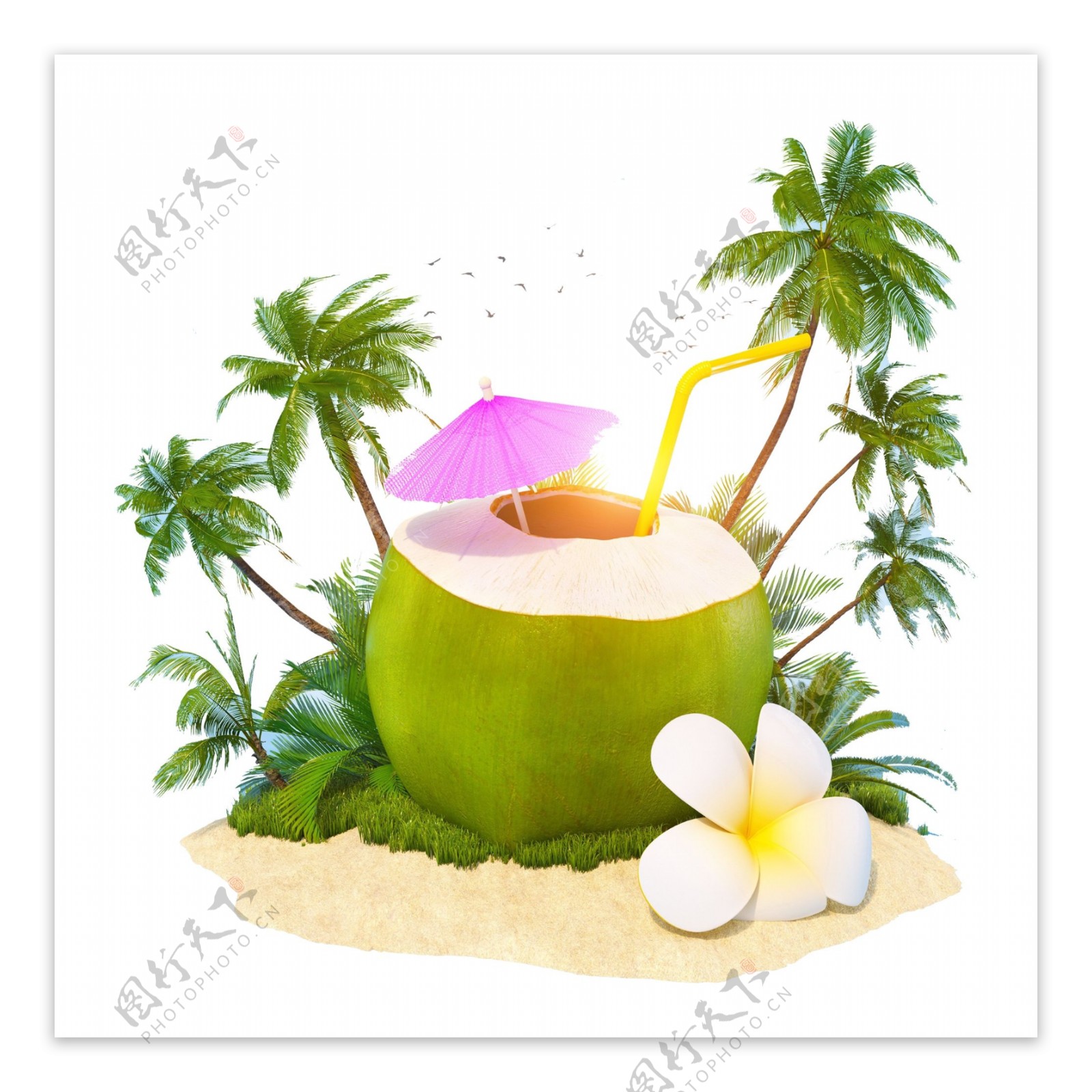 清新水彩椰子汁卡通透明素材