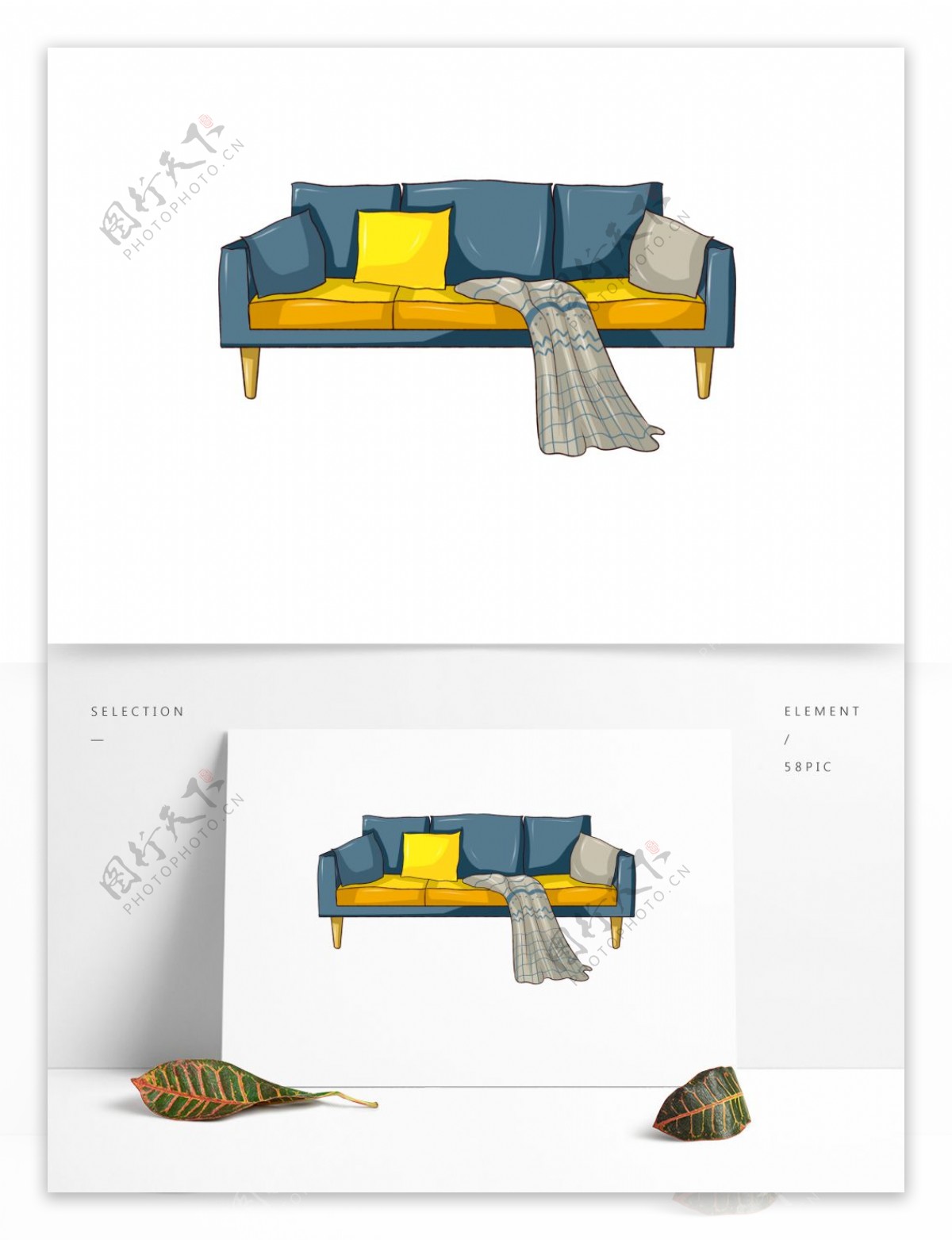 原创手绘家具北欧简约风布艺沙发蓝黄素材