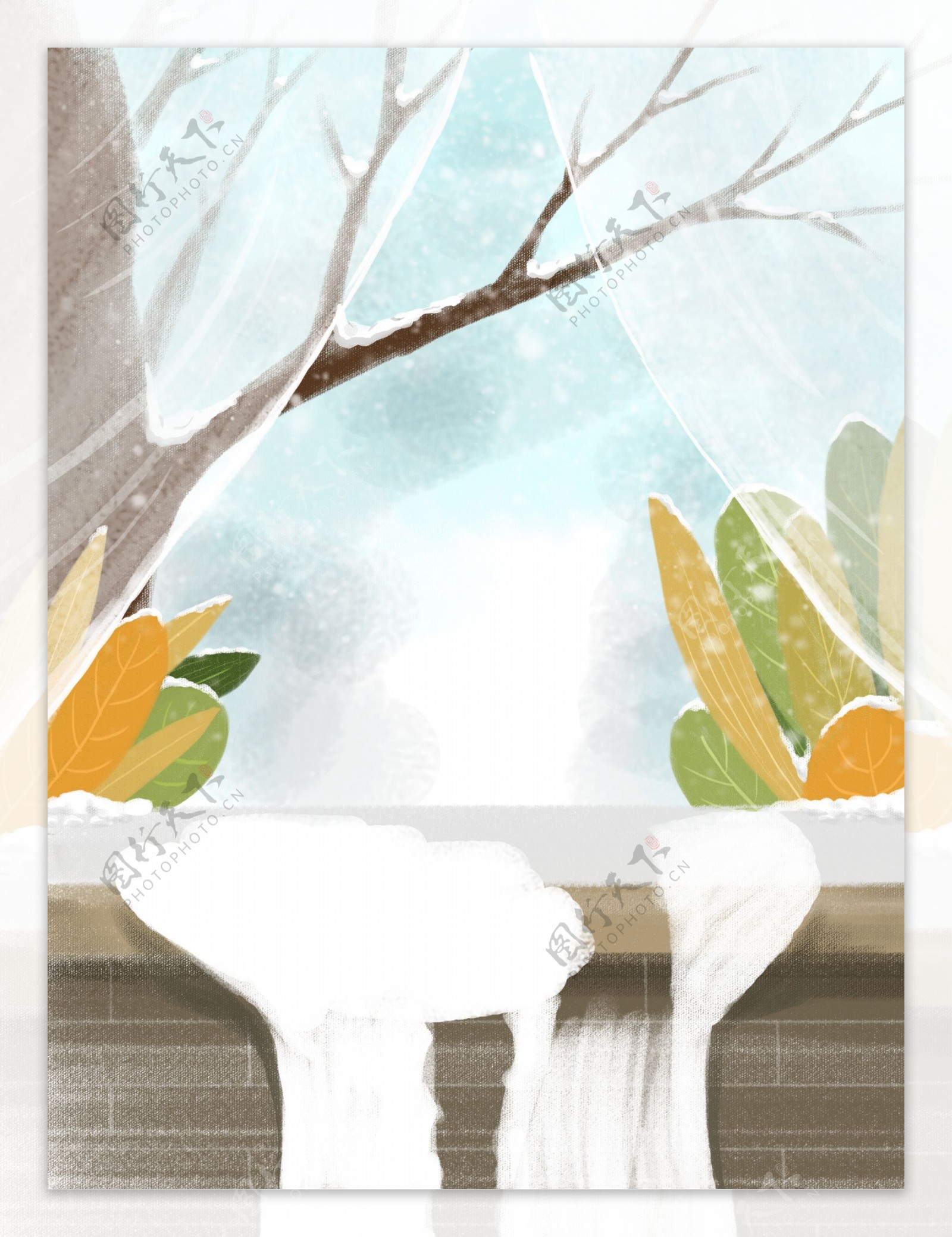 手绘冬季下雪树枝背景设计