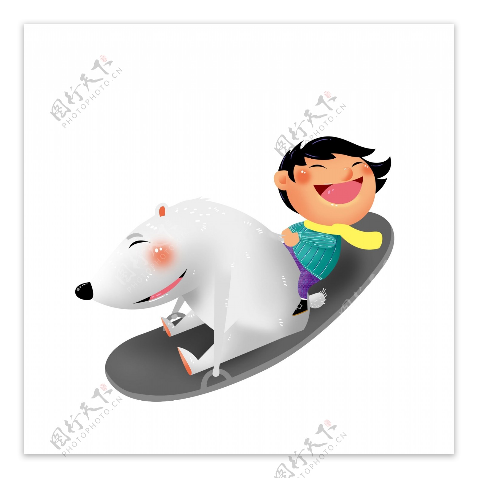 手绘滑雪的女孩和小狗