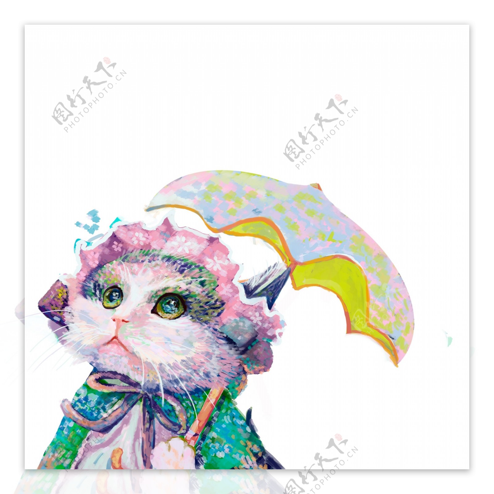 彩绘撑着雨伞的贵妇猫咪