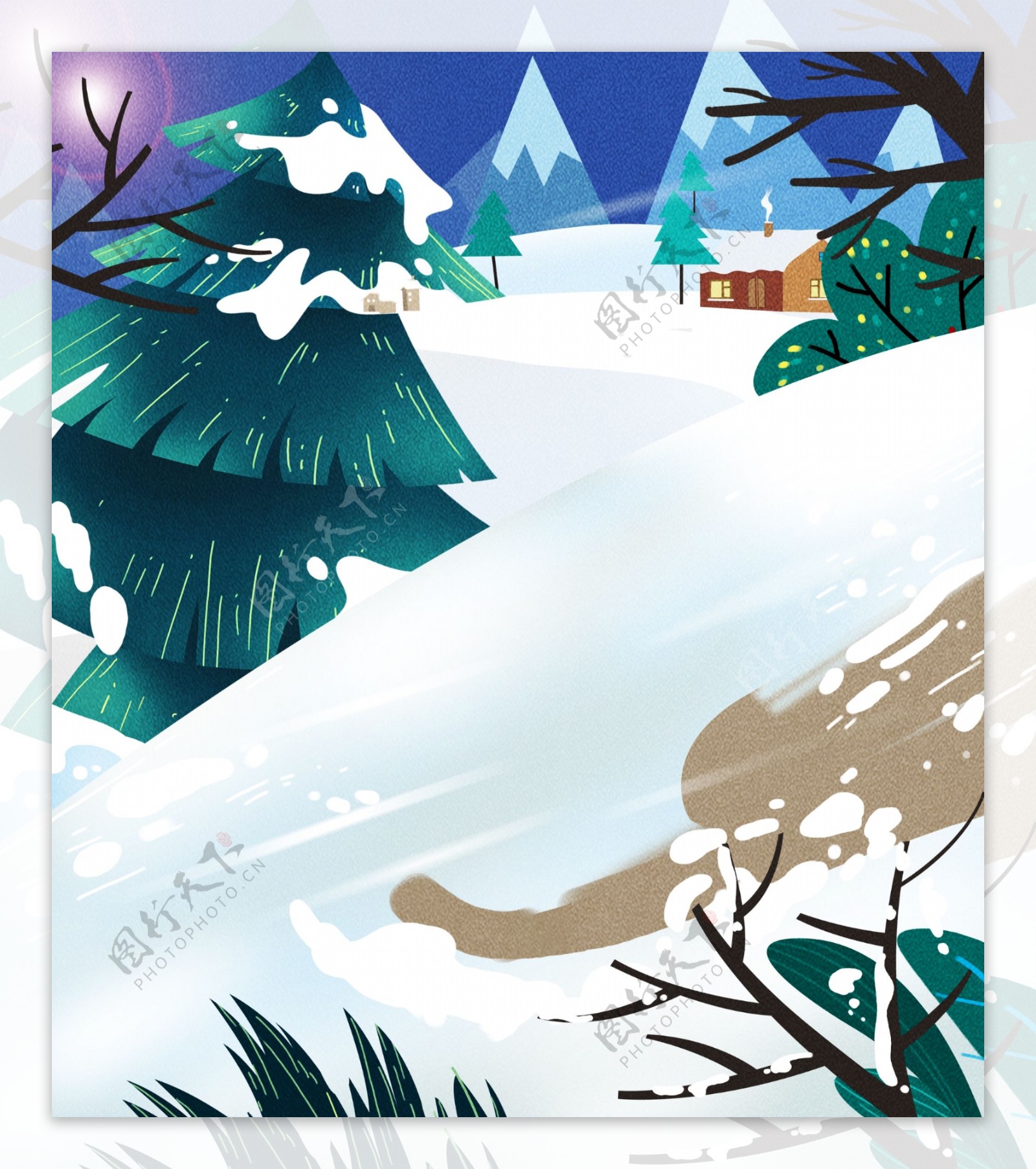 手绘冬季滑雪场背景