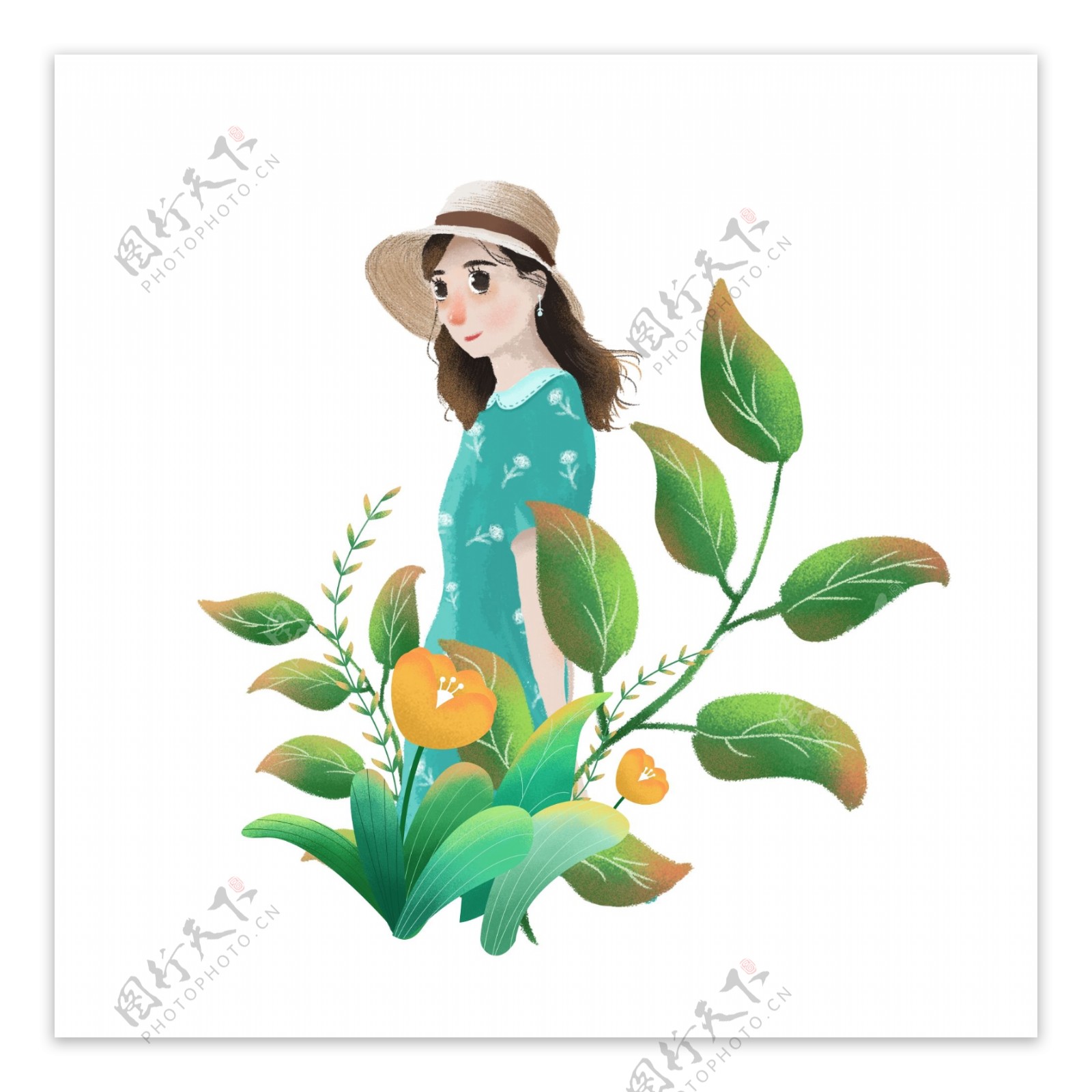 手绘春天花丛中戴草帽的绿裙女孩人物元素