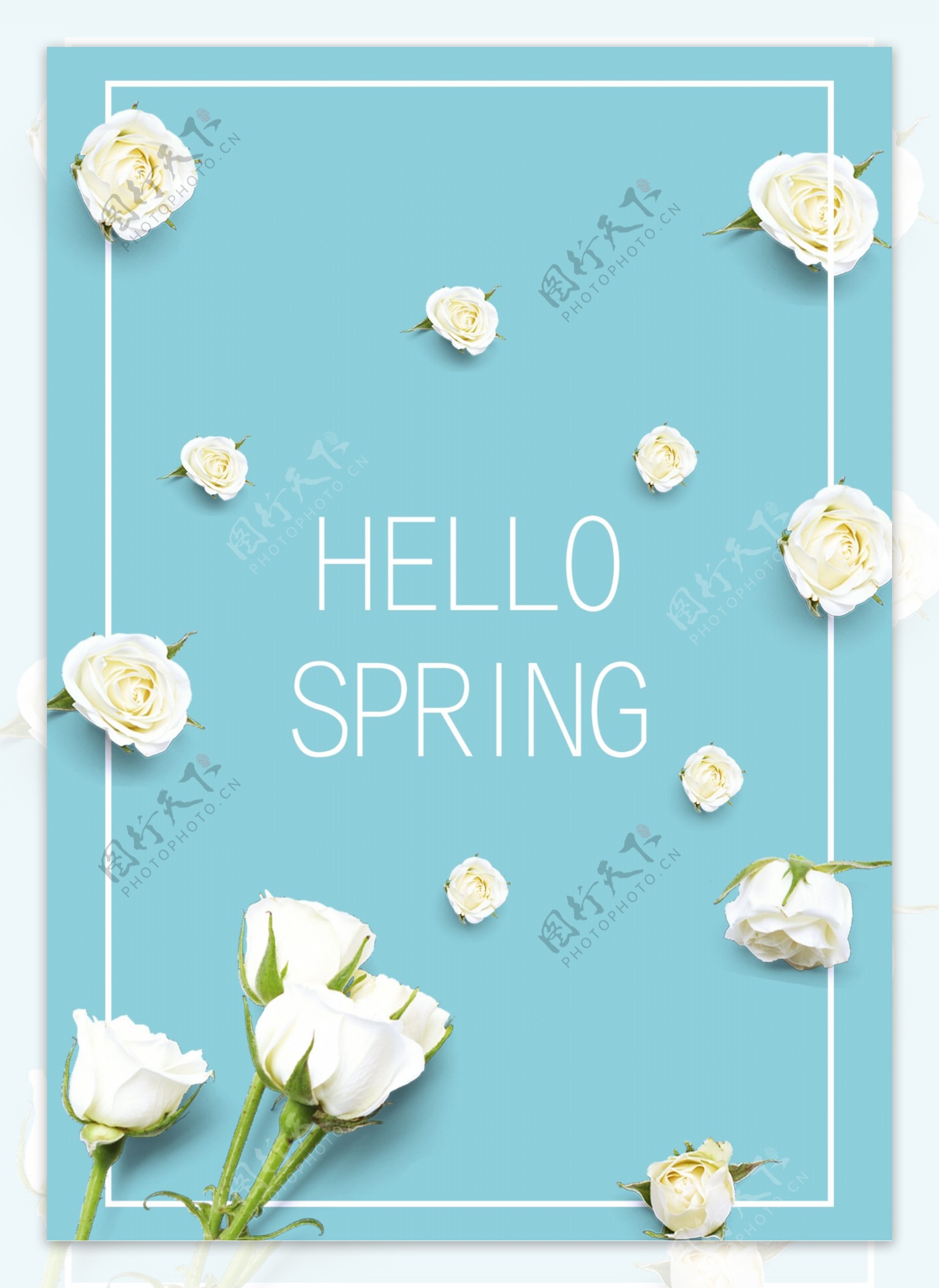 蓝色唯美白玫瑰春季促销海报
