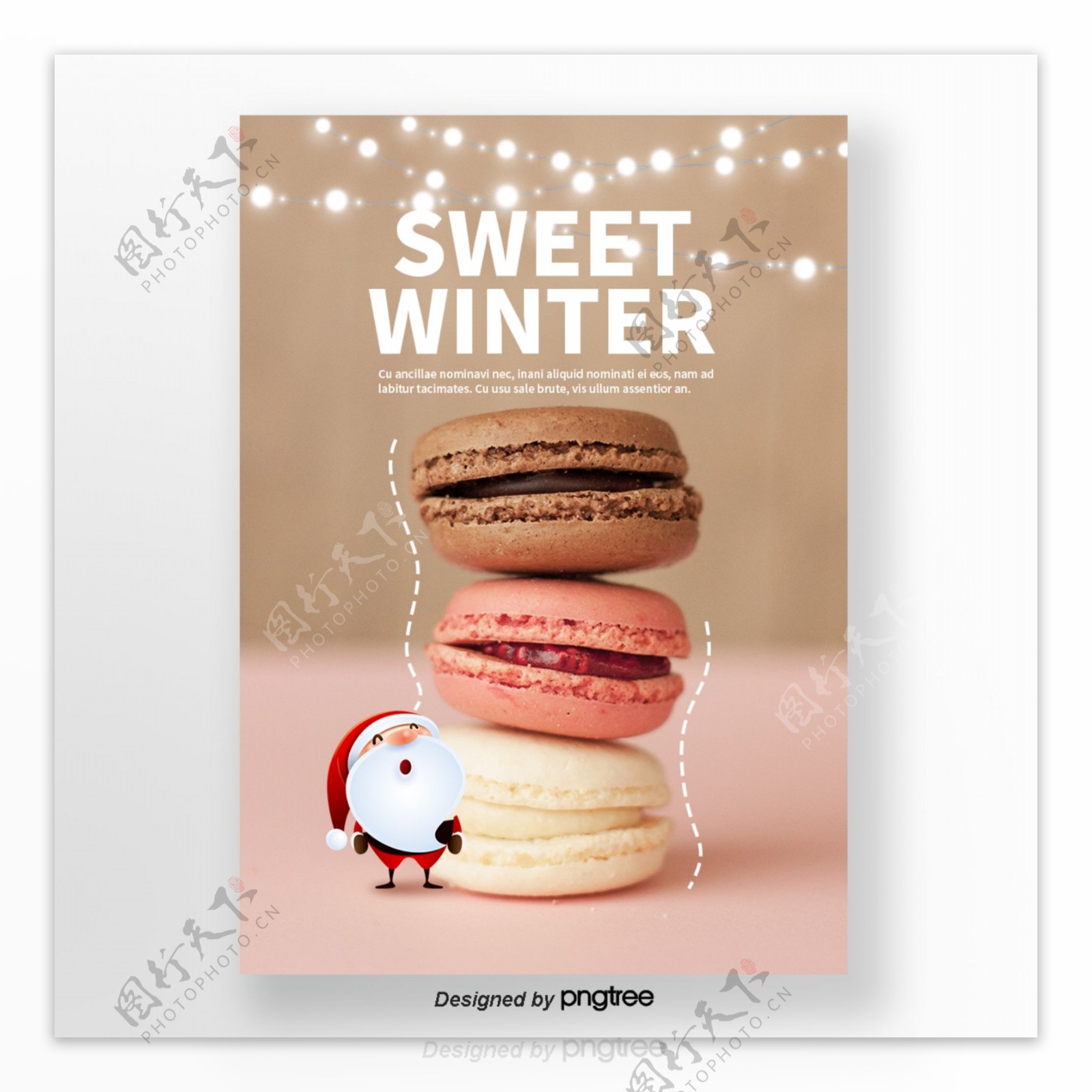 白色圣诞菜等圣诞老人马卡龙咖啡冬季甜味食品海报