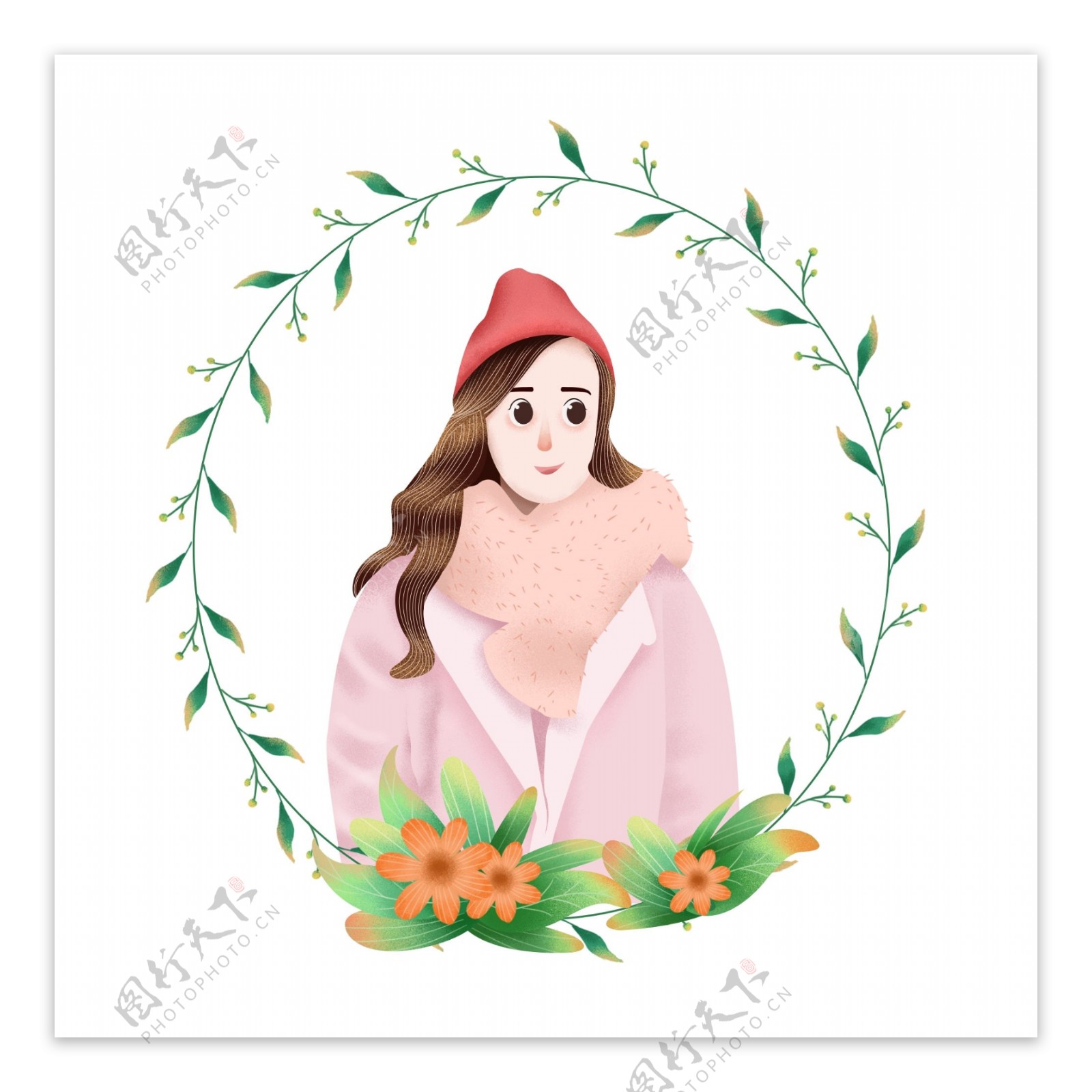 手绘植物花环里冬日戴红帽的女孩人物元素