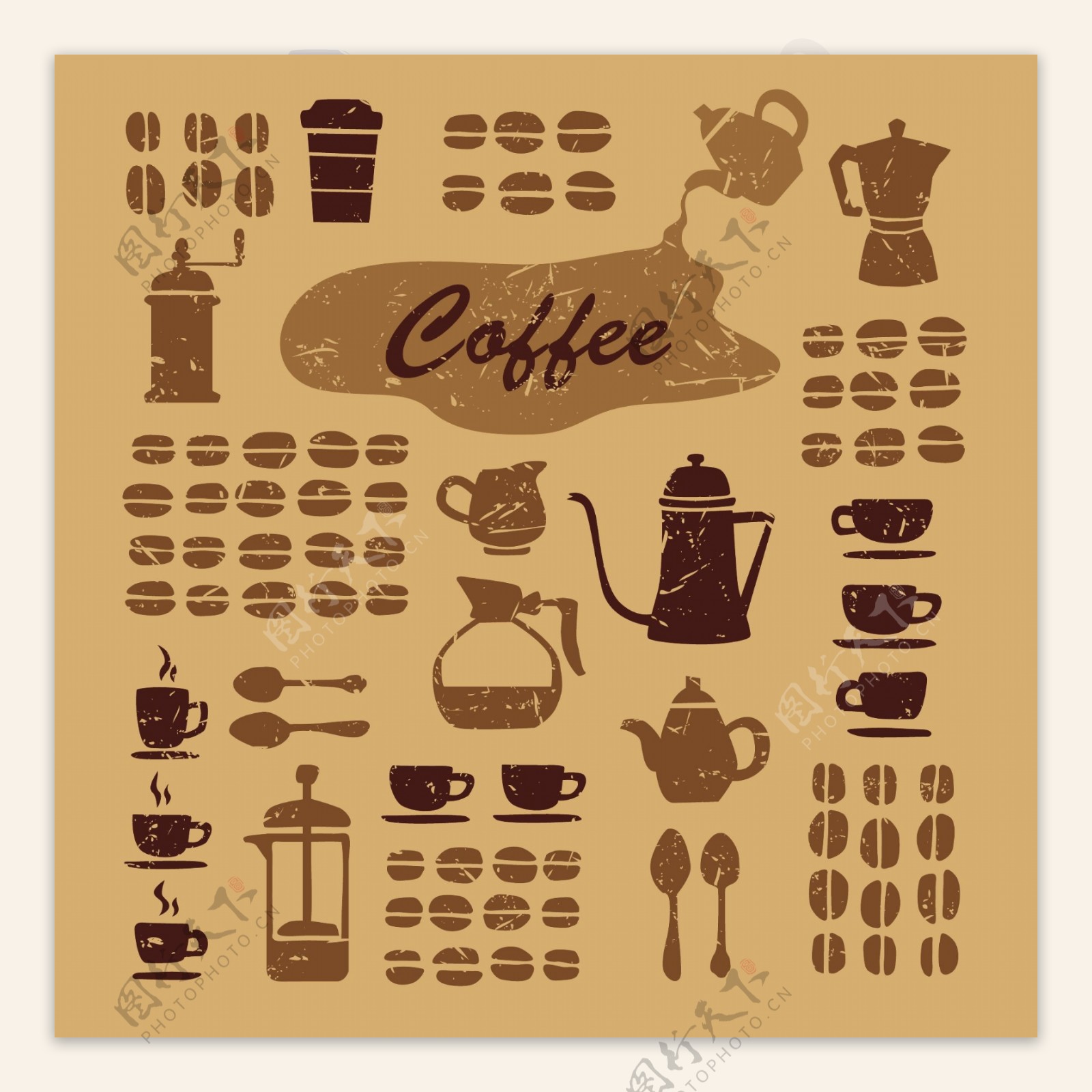 复古咖啡剪影符号系列