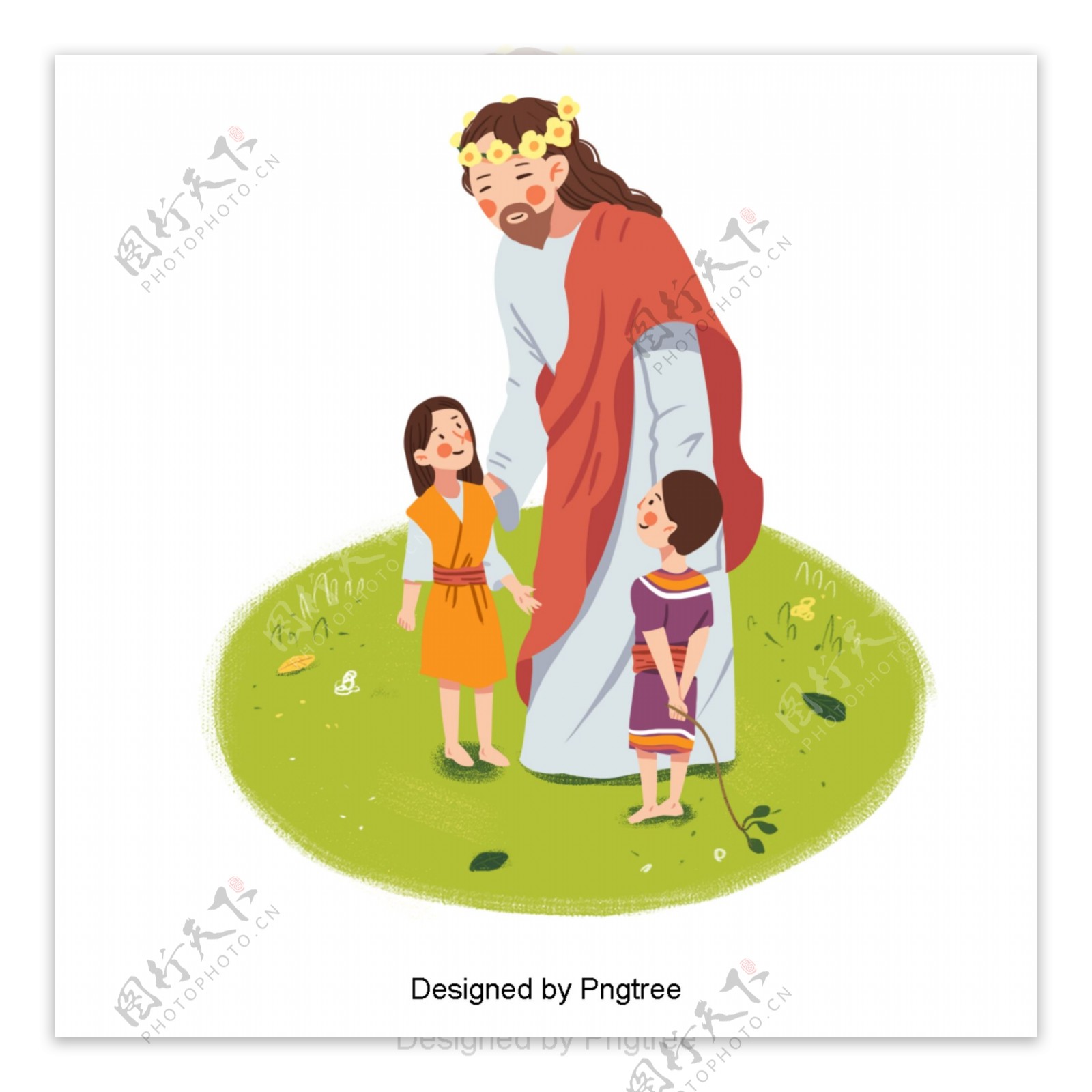 可爱的手绘插图的耶稣和两个孩子