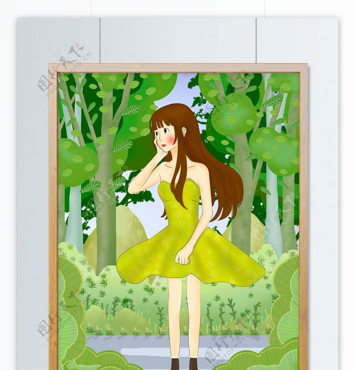 四月你好之女孩在森林吹风扁平风插画