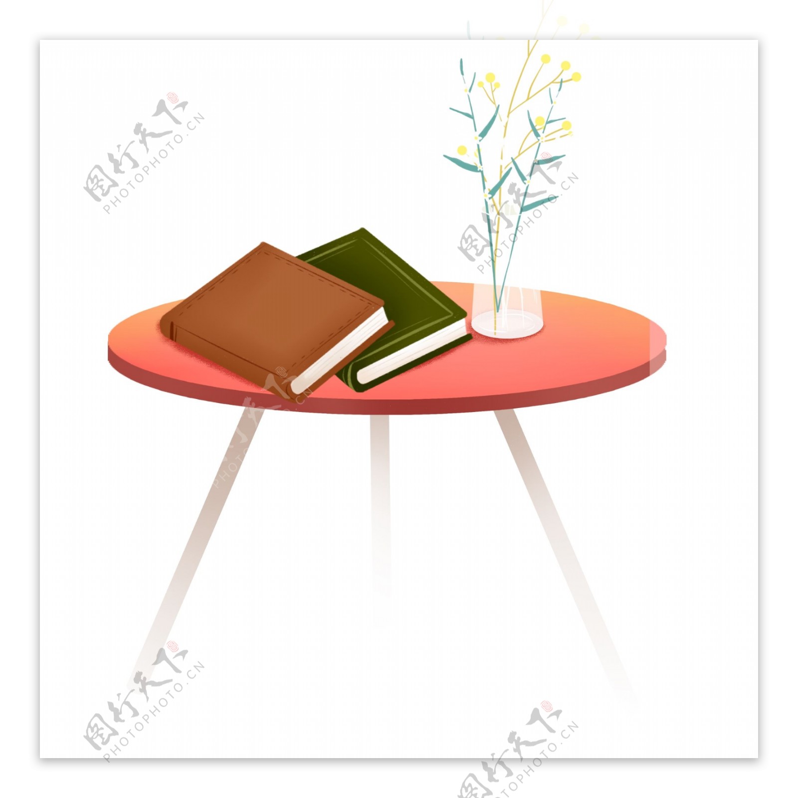 手绘桌子上的花瓶和书本设计