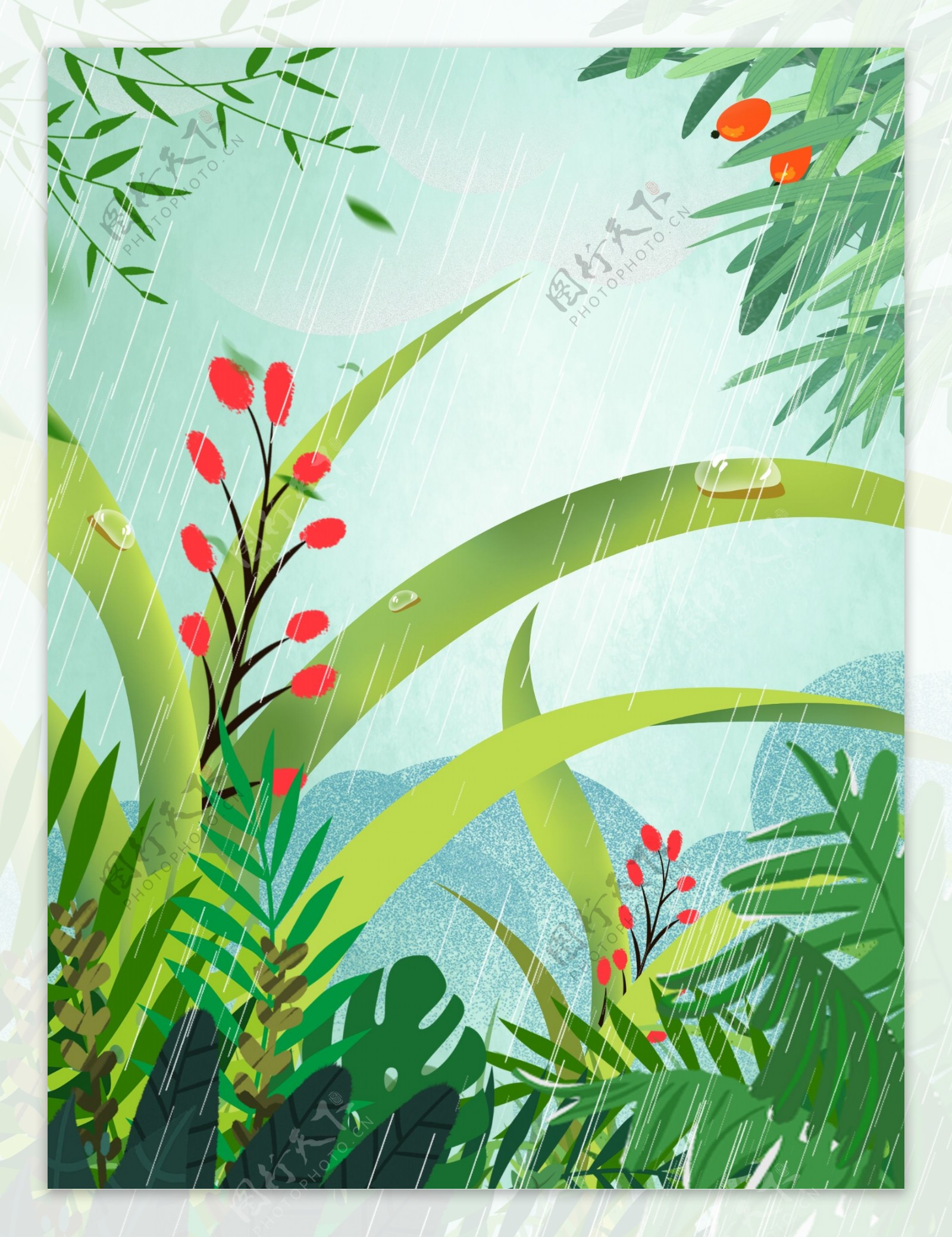 蓝色雨水节气植物背景设计