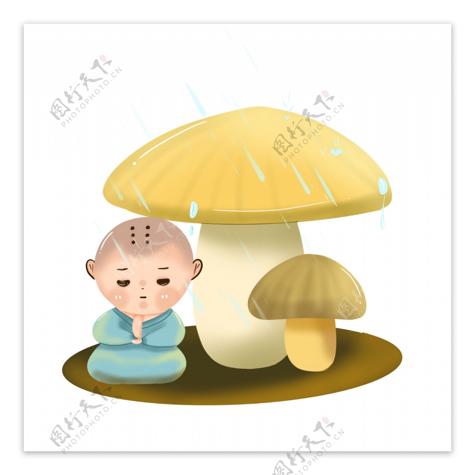小和尚香菇打坐下雨卡通可爱形象无肉
