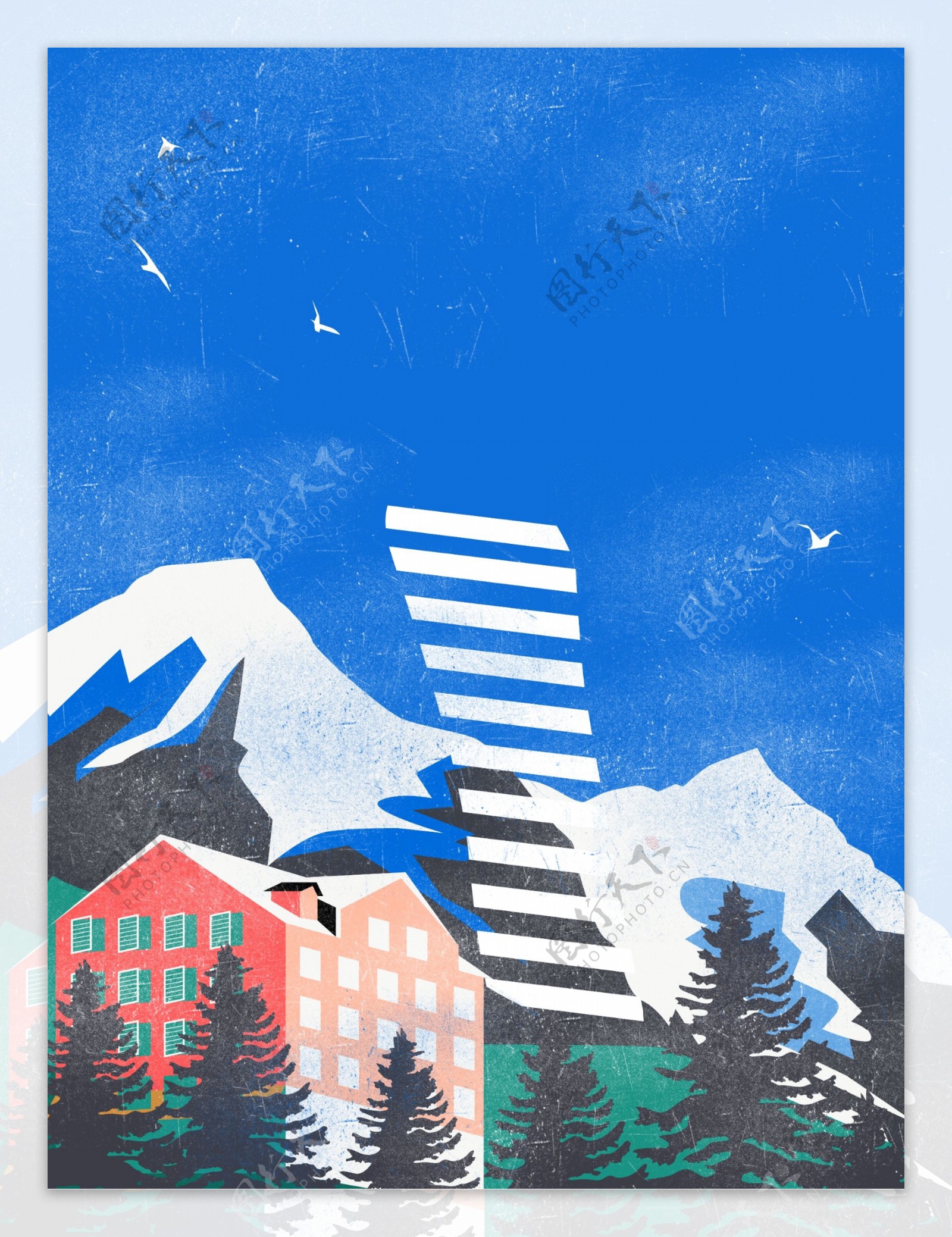 彩绘蓝色雪山背景设计