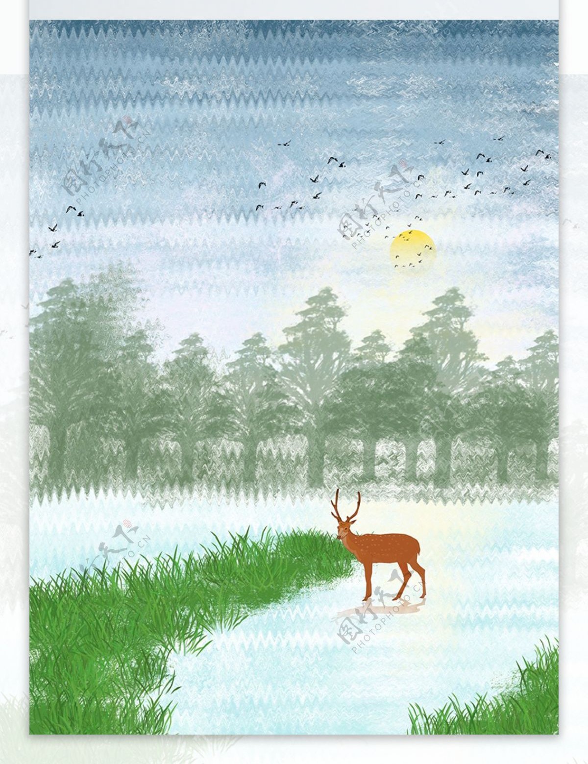 北欧冷色森林麋鹿小溪装饰画