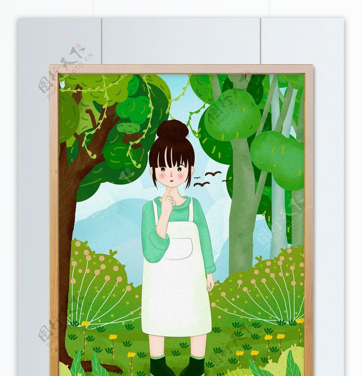 春分森林中思考人生的小女孩扁平风插画
