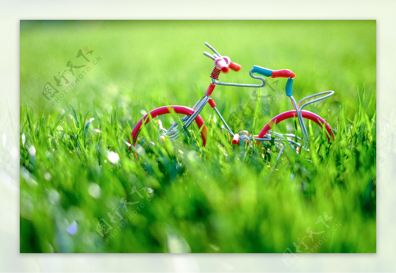 春天绿色草地里的自行车模型
