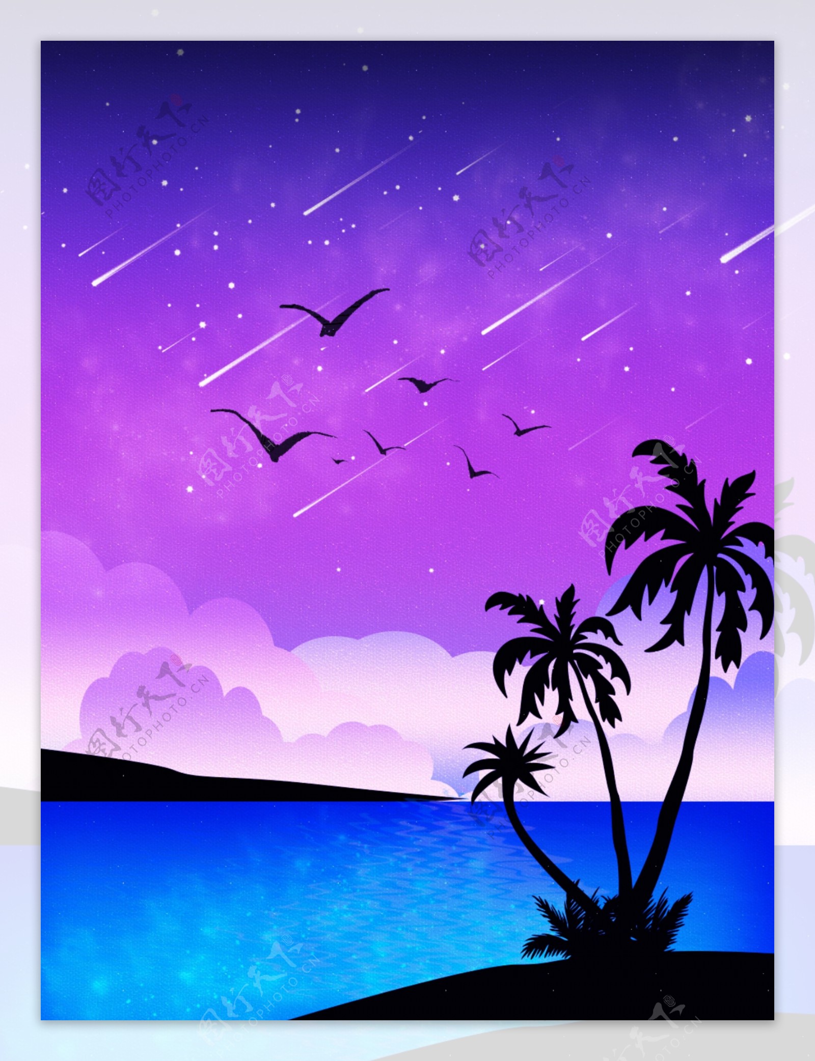 原创紫色天空梦幻海边海岛椰树背景