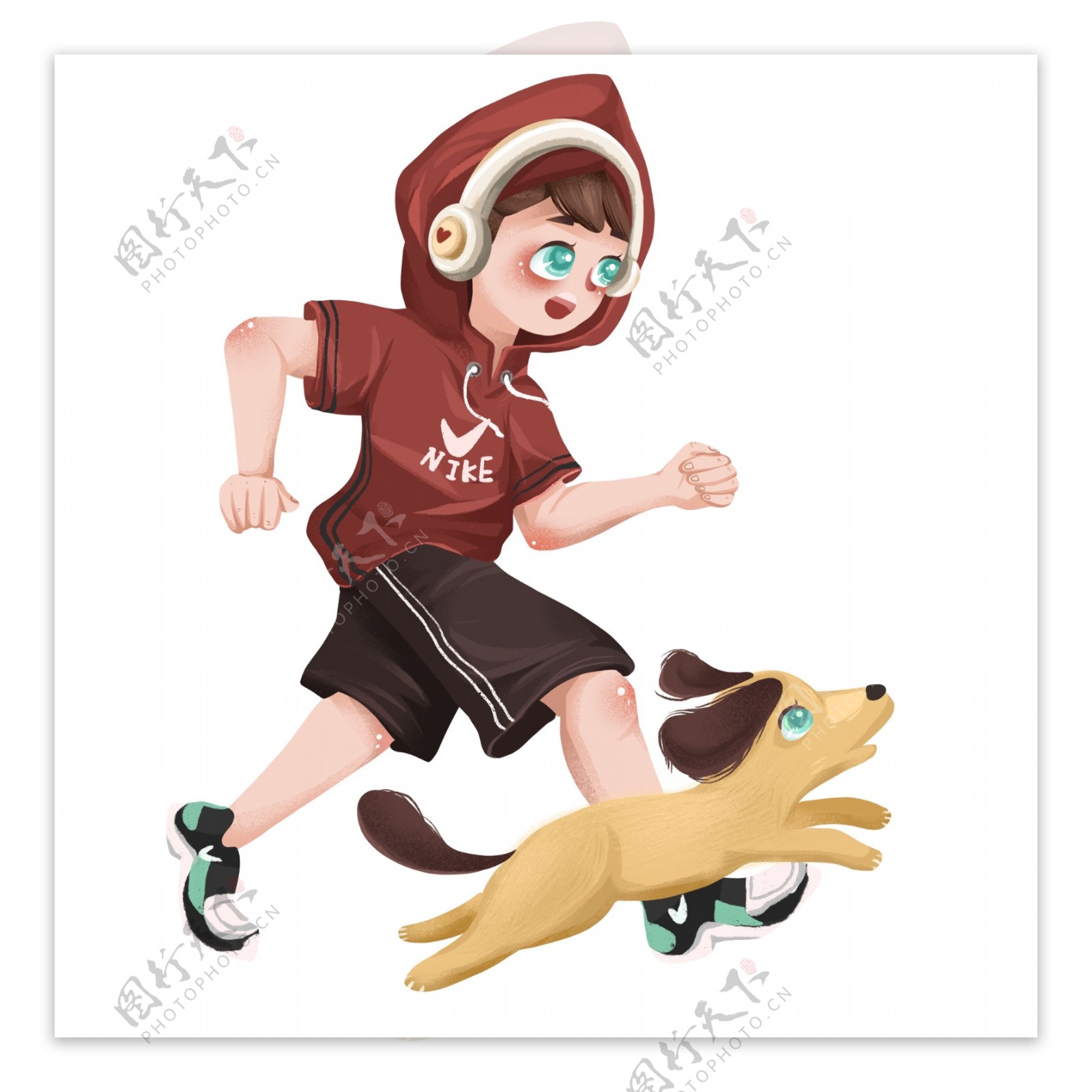 复古手绘奔跑的少年和狗子设计