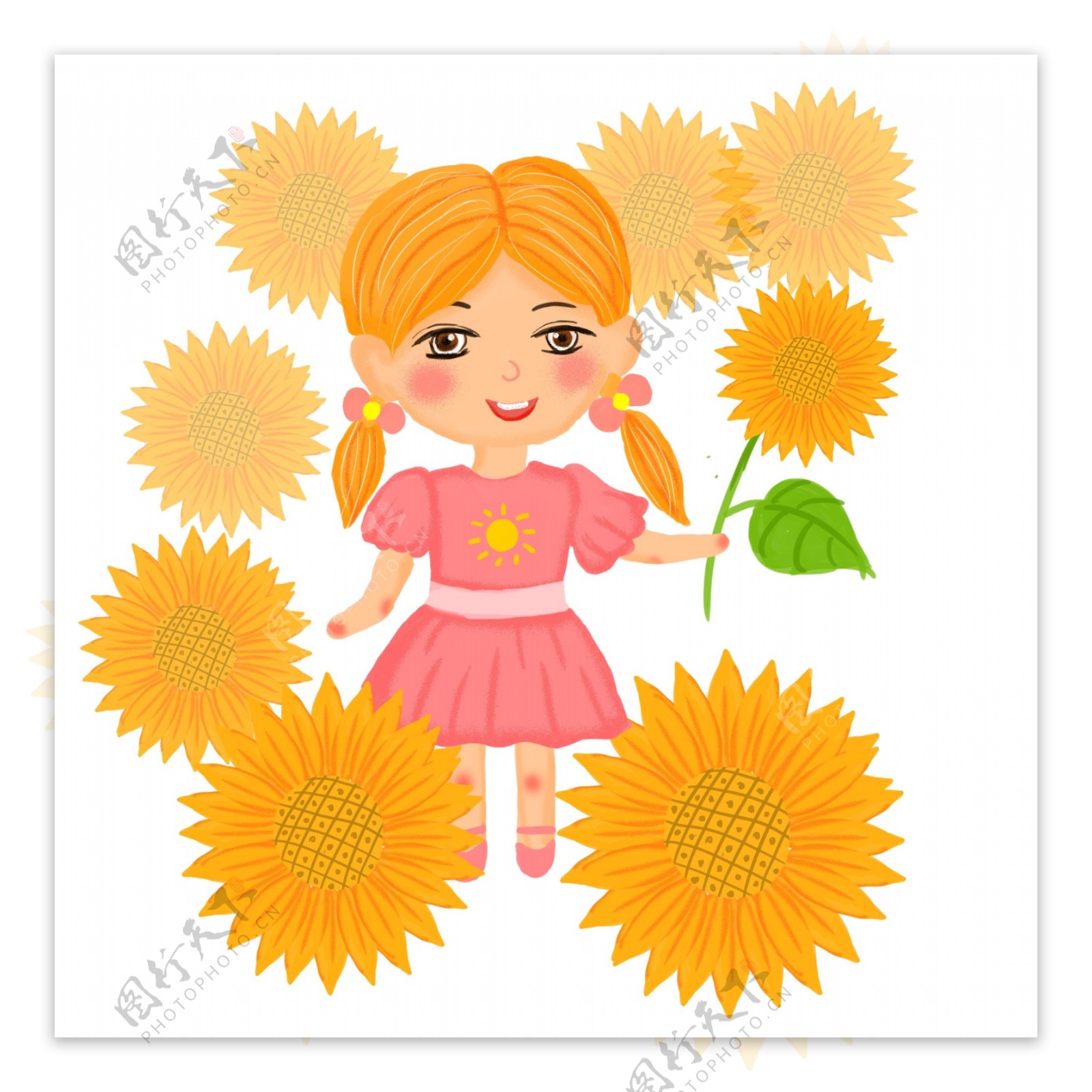 手绘卡通天气晴天拟人形象小女孩向日葵