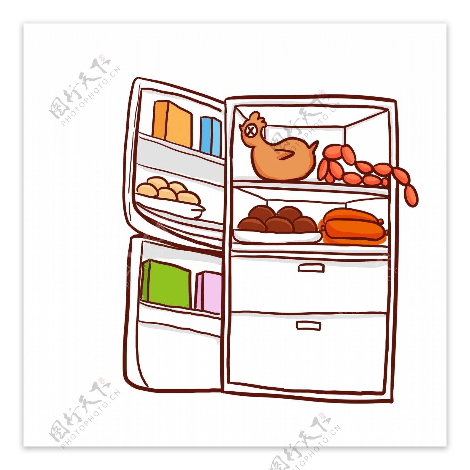 彩绘冰箱里的丰富食材插画设计