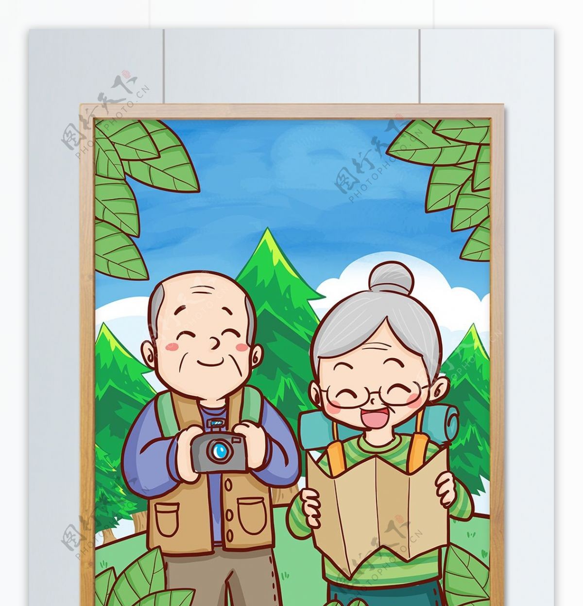 旅游季节老爷爷老奶奶夫妻一起去旅游插画