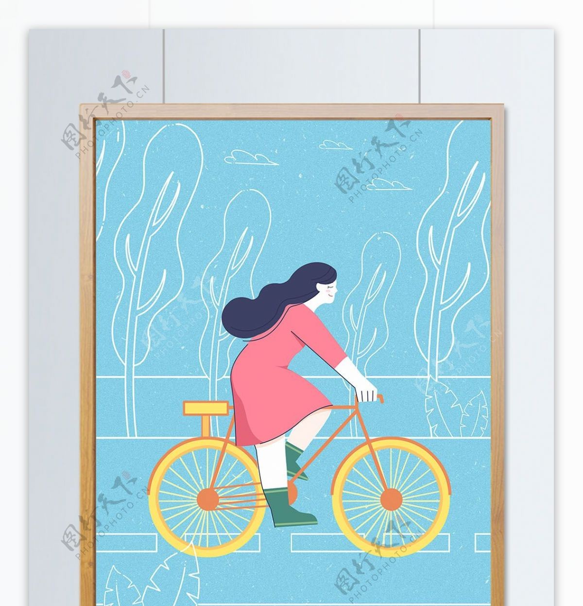 简约插画虚实象生骑自行车的少女