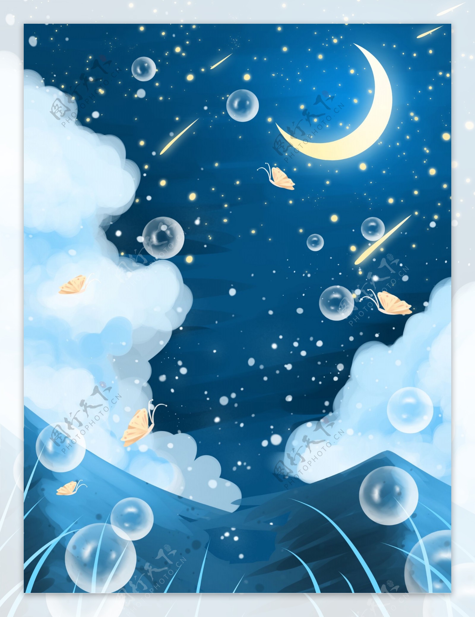 手绘蓝色星空月亮晚安背景设计