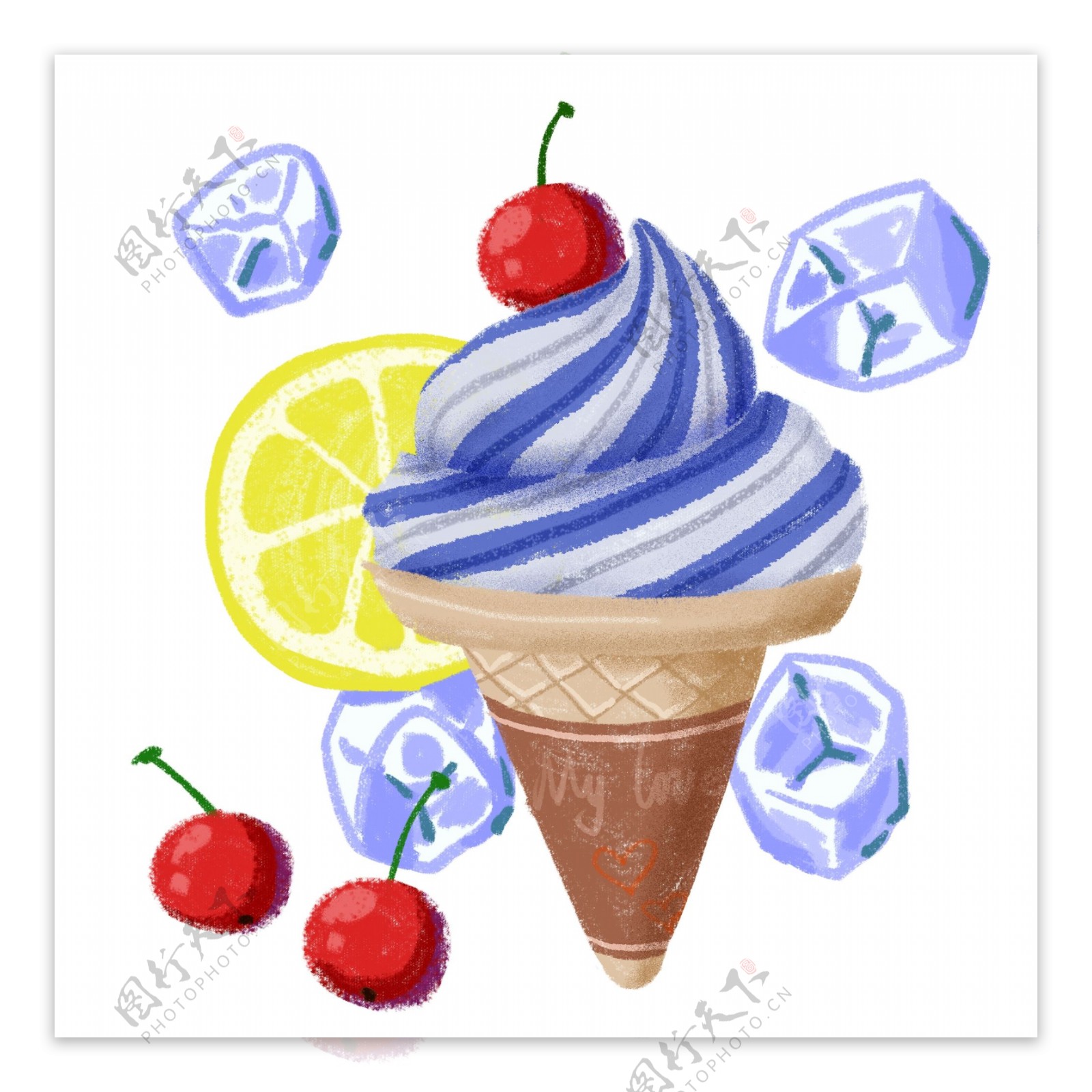 手绘夏日清凉冰淇淋樱桃冰块柠檬元素