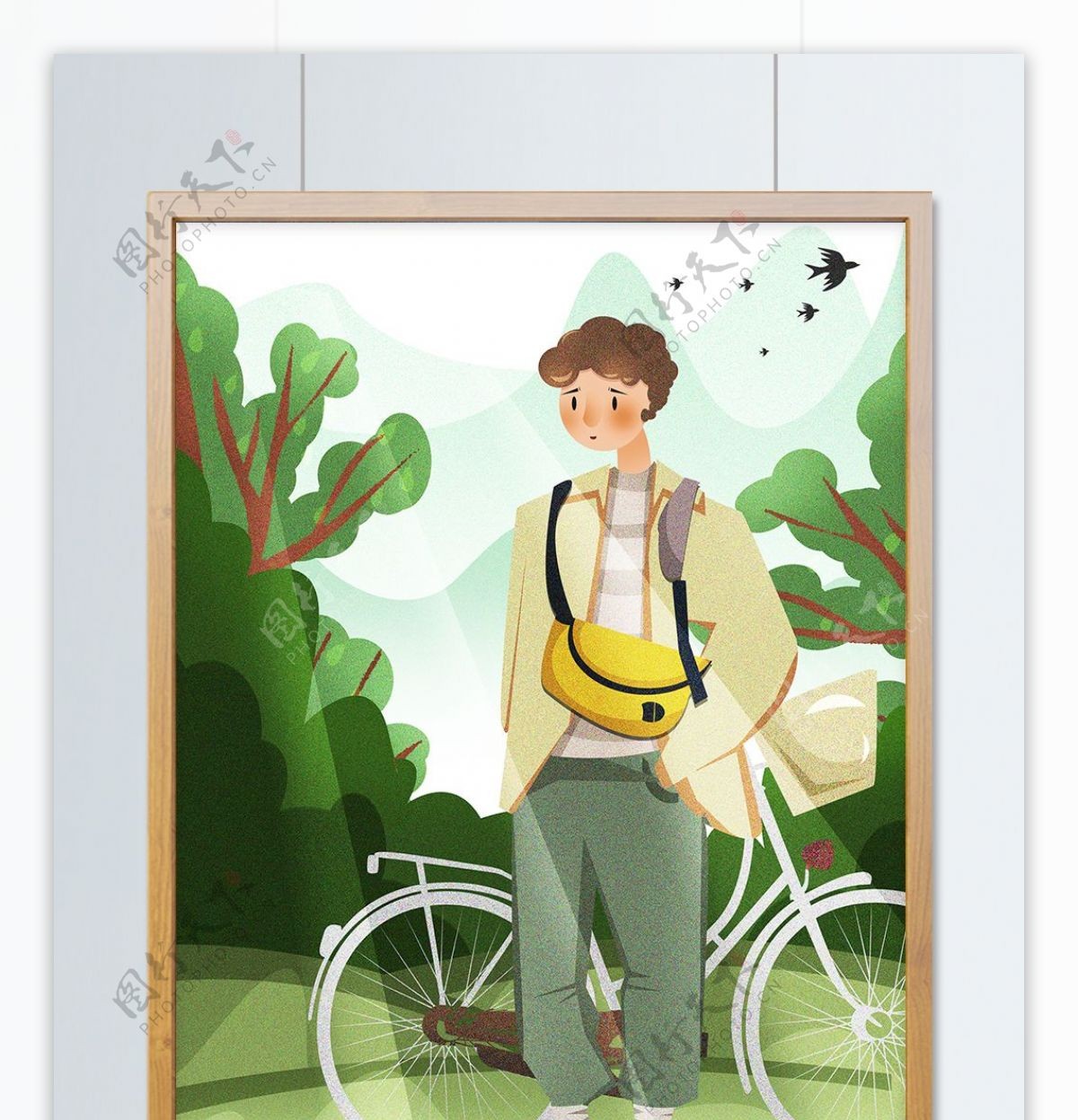 男孩骑自行车背包旅游插画