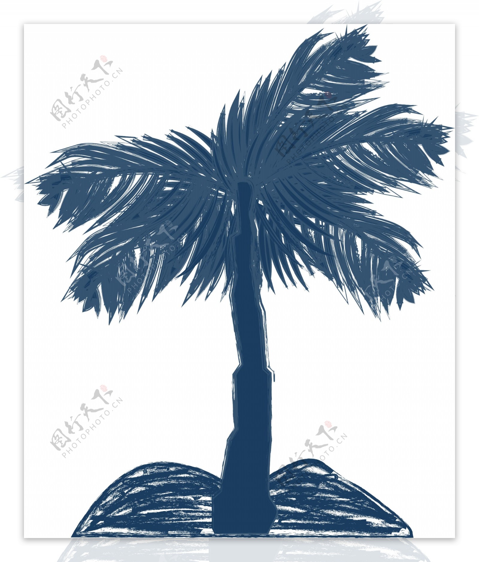蓝色夏日树椰子树的剪影手绘风装饰图案素材