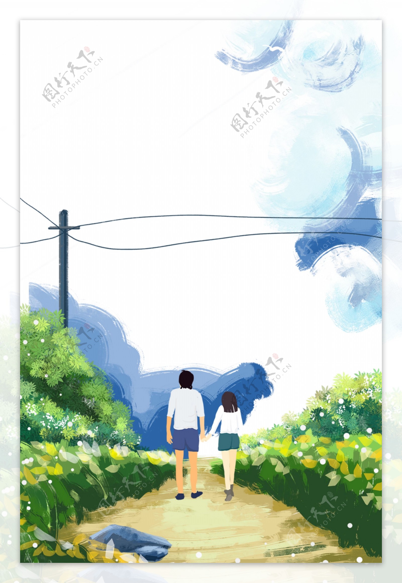 七夕情人节情侣主题手绘边框背景