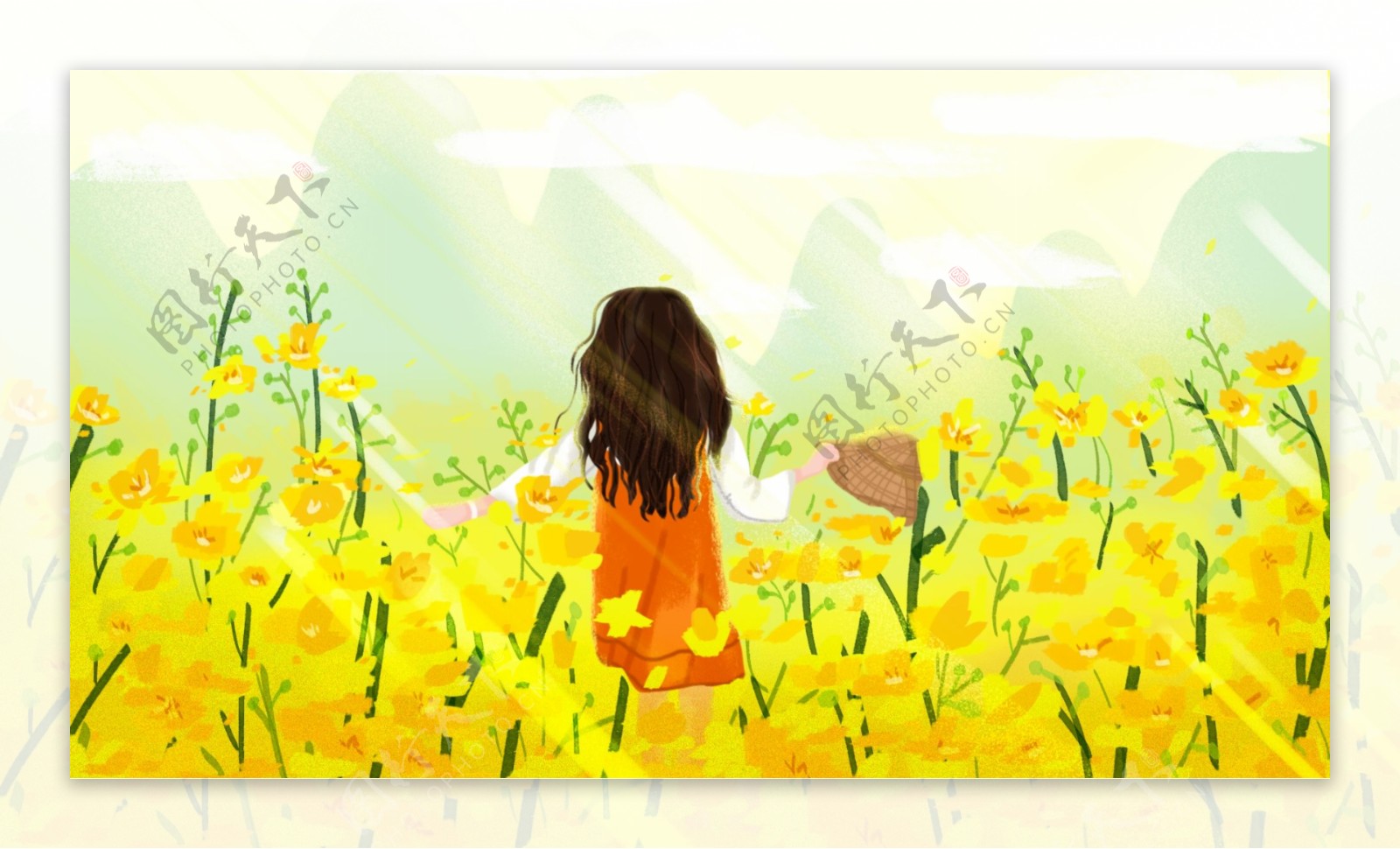 黄色彩绘原创油菜花女孩背景设计