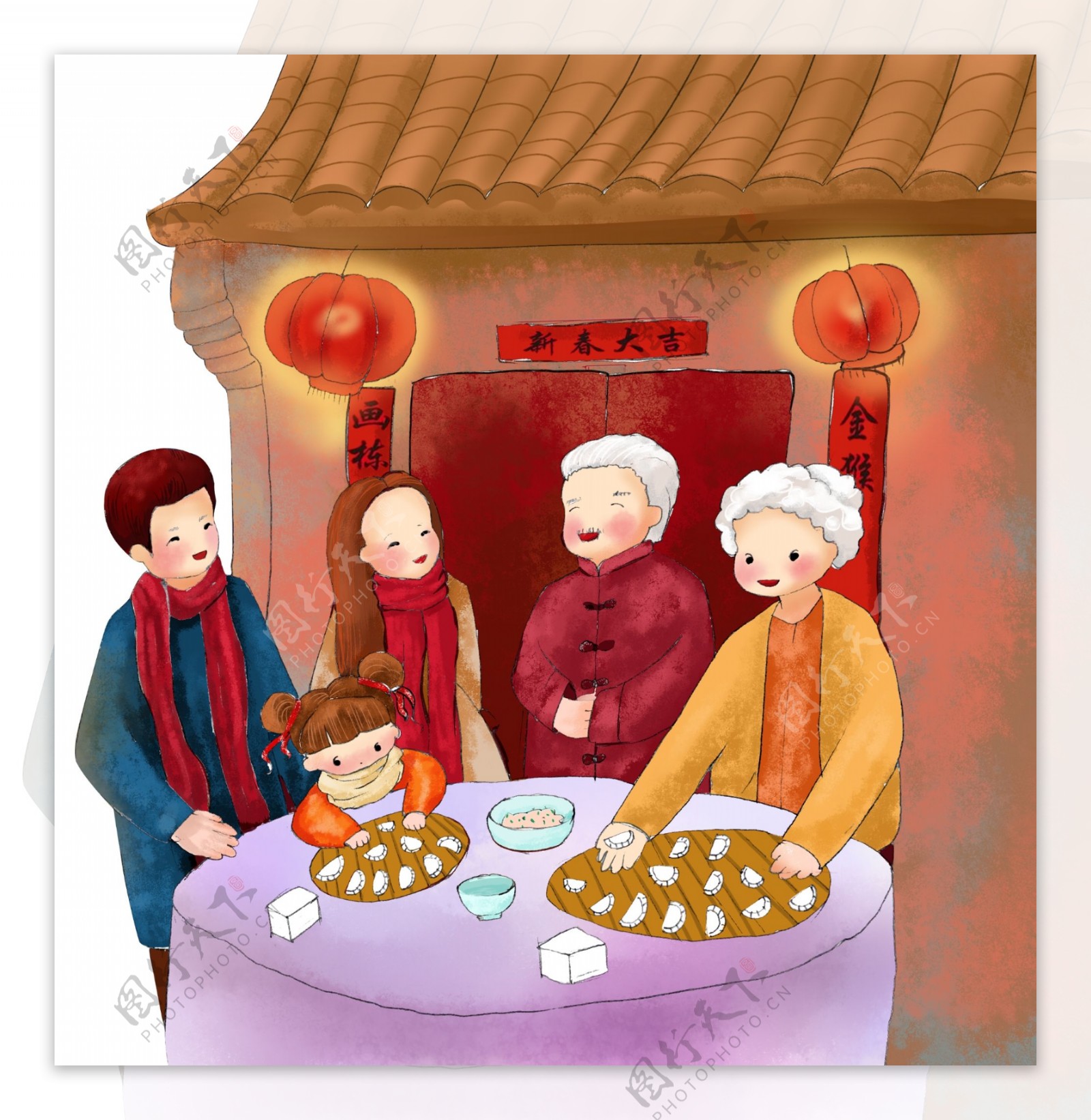 手绘插画卡通全家过年吃饺子