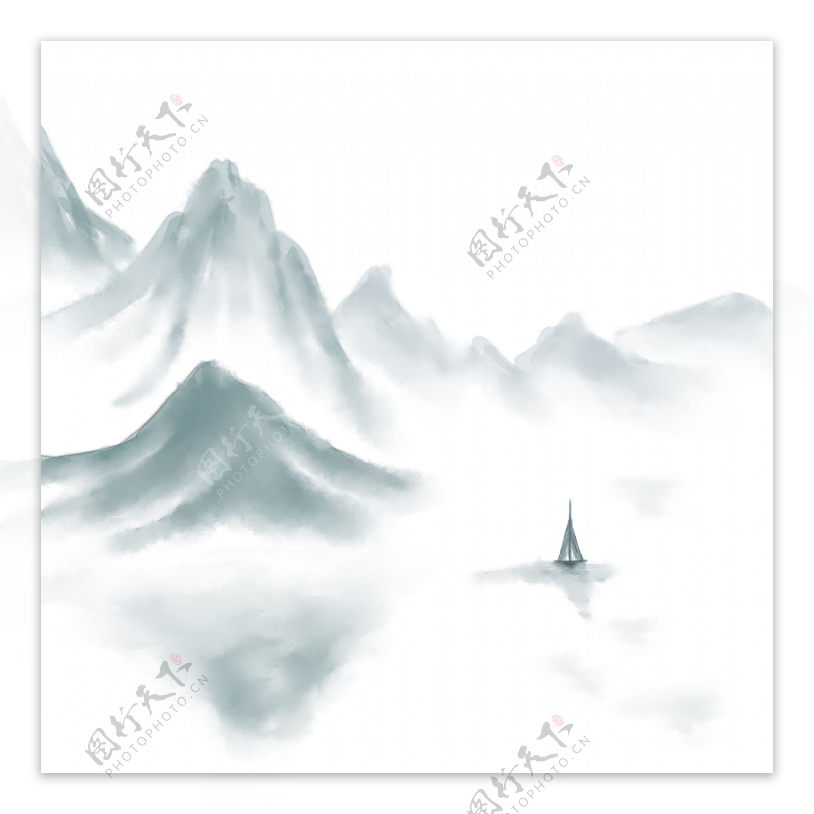 中国风山水水墨巍峨山峰流水小船