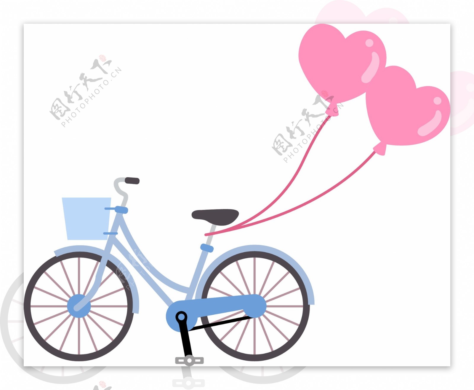 挂着爱心气球的蓝色自行车