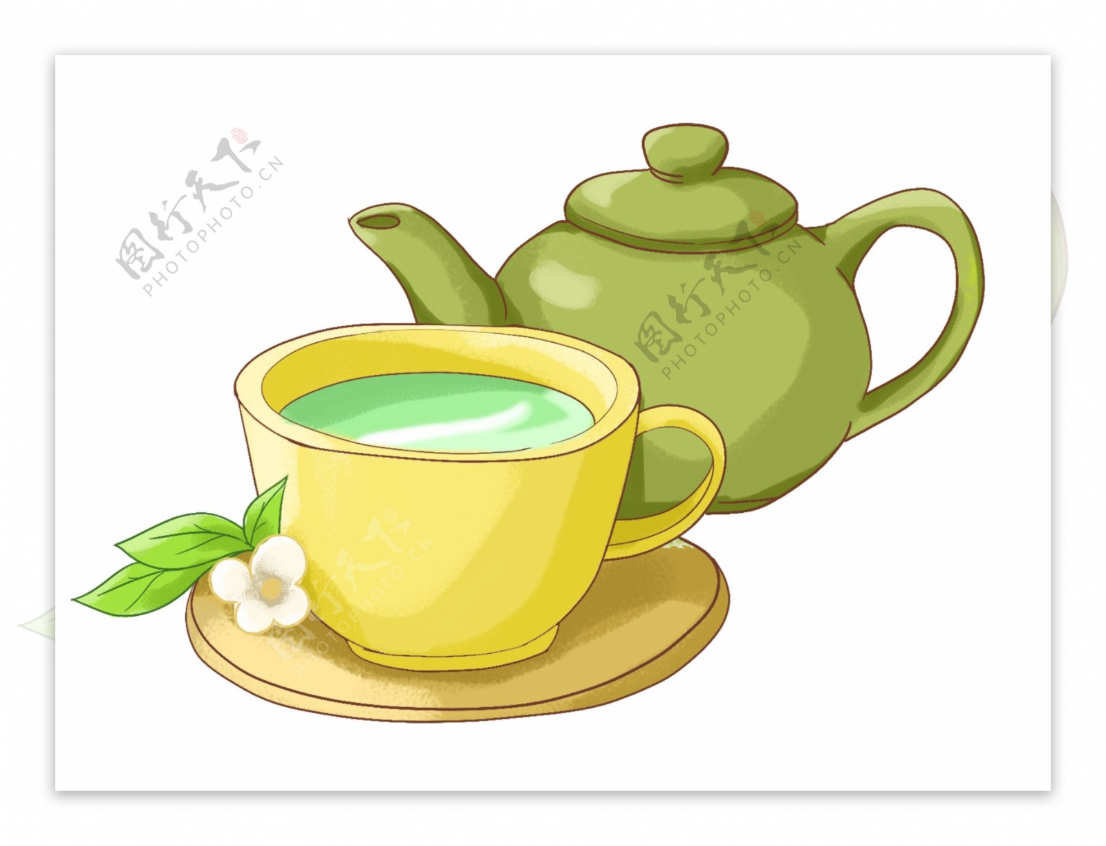 绿色茶壶茶杯插图