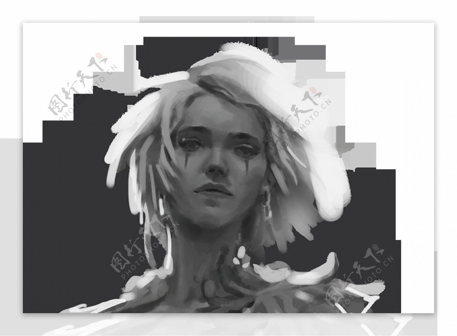 游戏动画角色欧美写实厚涂黑白稿女性角色头像