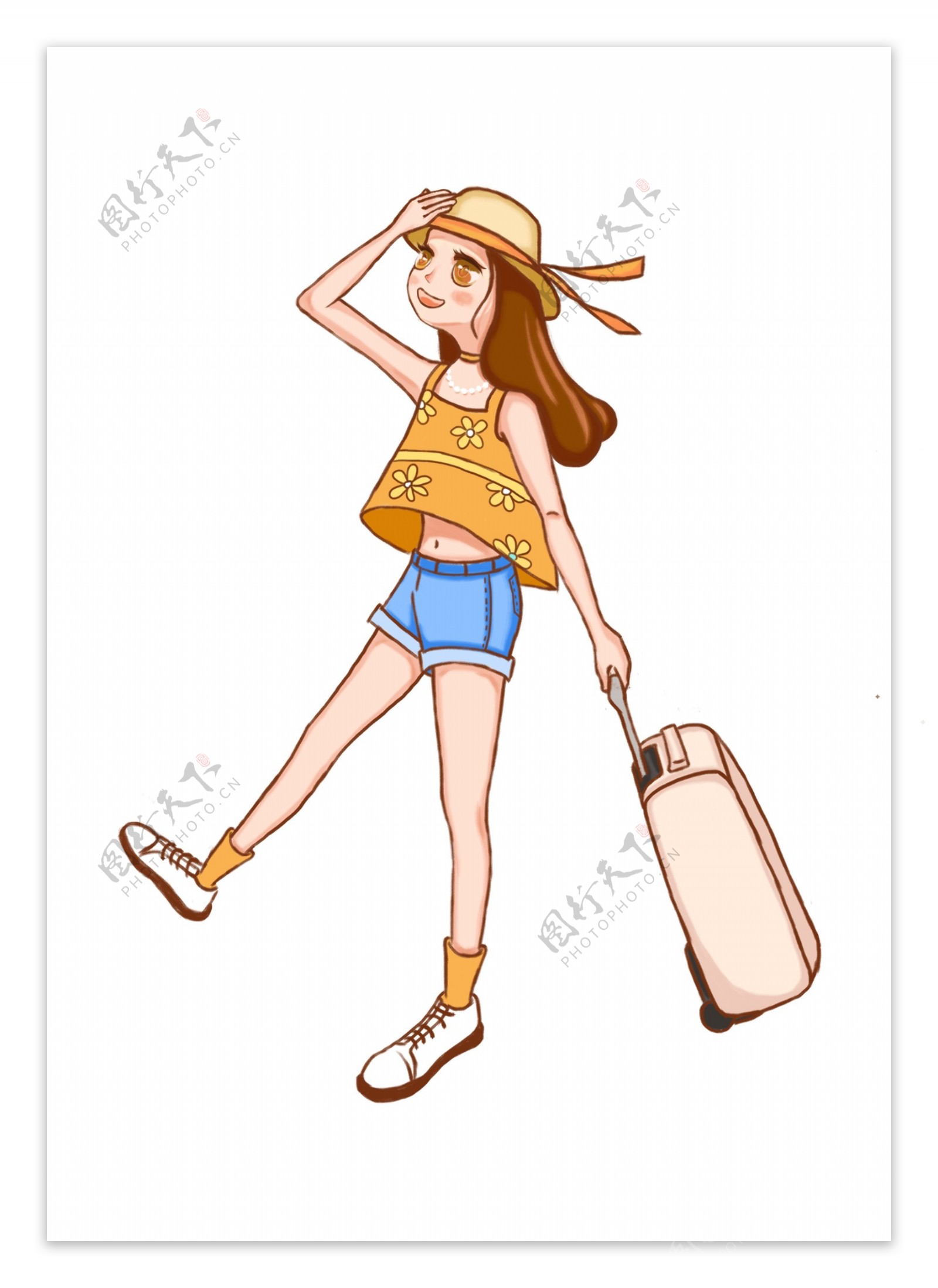 假期旅游拿行李戴草帽的女生PNG素材