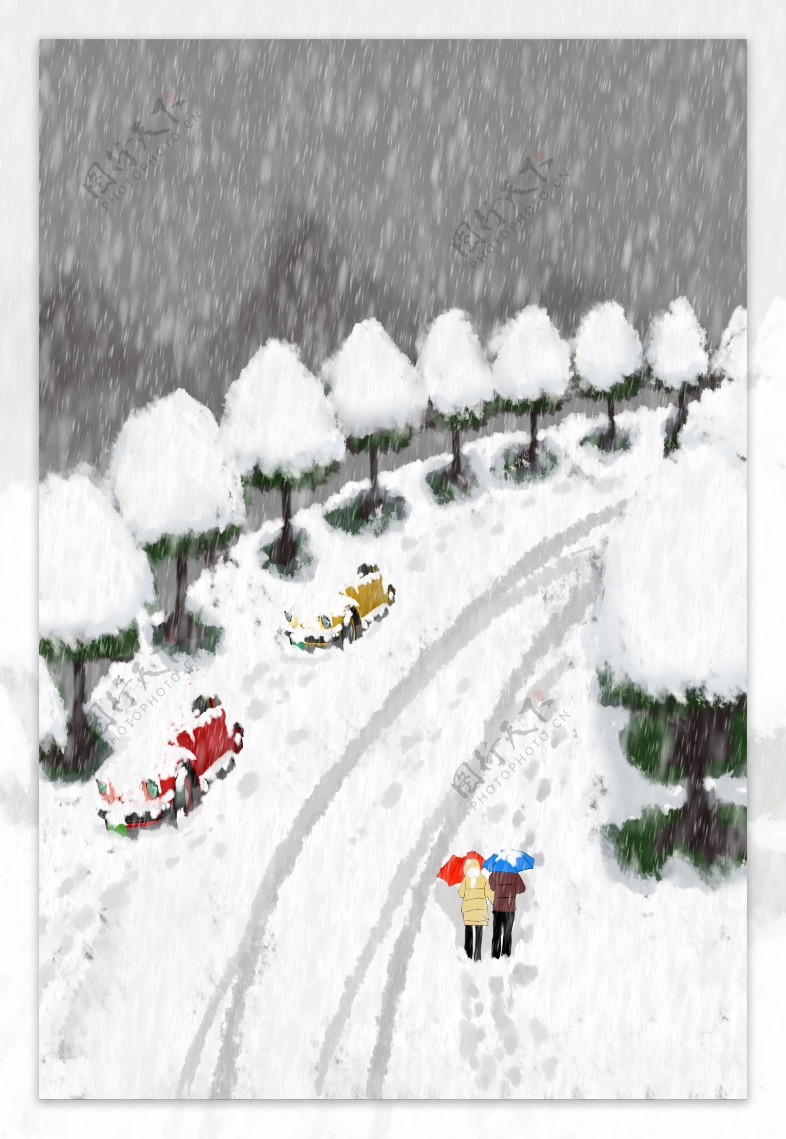 卡通手绘水墨风大雪背景