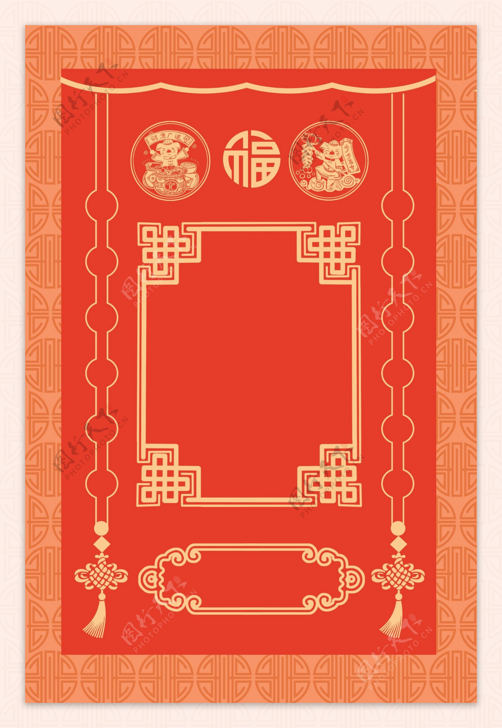 线条中国风新年签红色喜庆背景海报
