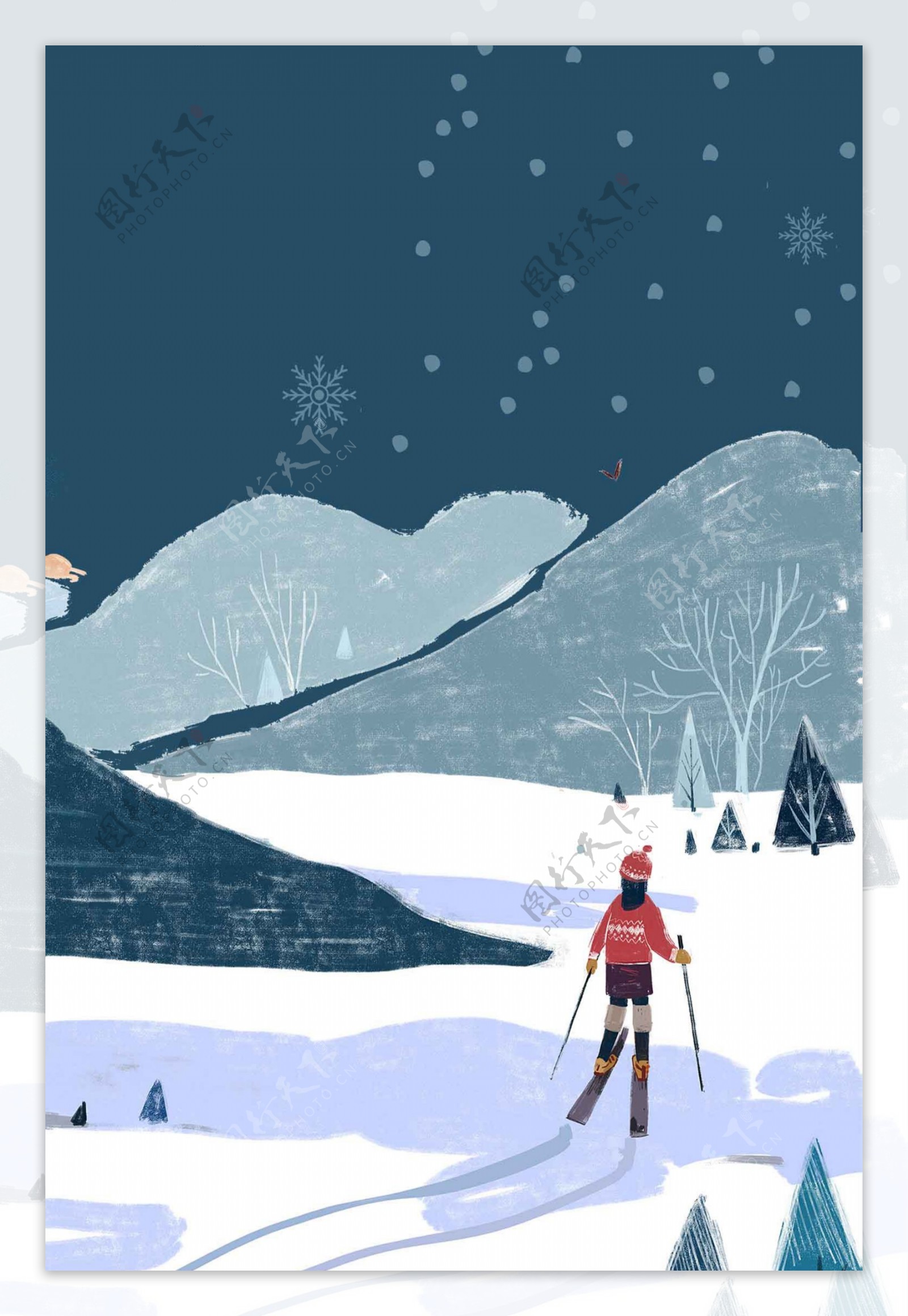 12月你好滑雪插画背景图
