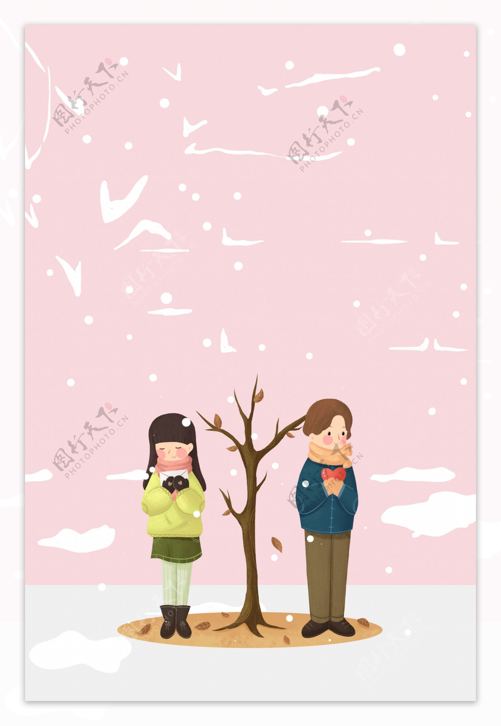 浪漫情侣树下约会简约插画海报